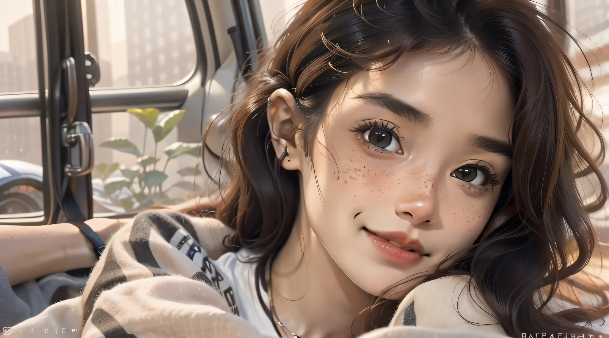 masterpiece, realistic, detailed eyes, beautiful, looking at the viewer, natural lighting, depth of field, film grain, wrinkled skin, ((34yo)), Brazilian, feminine, solo, wearing T-shirt, short wavy black hair, brown eyes, freckles, from the waist up, Portrait. Front view, Exterior