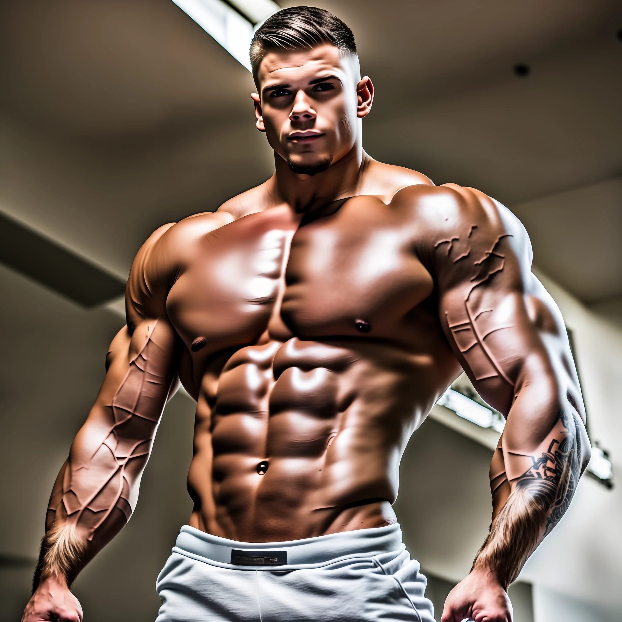 18 year old homophobic fagbashing bully from North Carolina with the physique of a champion npc bodybuilder, who resembles Cody Calafiore crossbred with Tony Dow, showing off in a skintight croptop; He has dark hair a deep tan and Disney heartthrob looks; flawless physique with big pecs and cumgutters; he is a genetically superior ultraconservative straight Christian MAGA athlete; major homoerotic teasing; he has a sullen arrogant vibe; HDR insanely realistic photo in the style of Michael Stokes and Michael Anthony Downs --auto --s2