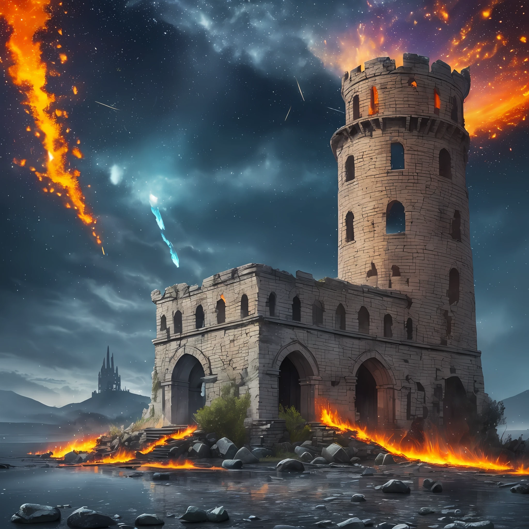 Extensive landscape computer ultra photography (general view, which shows a ruined stone tower, (detailed description of the tower), sky, frozen reflection (detailed), clouds (detail), as well as dawn (detail), lake (detail), stone details of the tower, destroyed surface of the tower, one gray-haired guy in a shirt and trousers (1: 3), (ultradetailed description of appearance), stone dust, burning tower (dripping fire 1: 2), (falling stones: 0.9), (fire: 1.3), sand, stones, fire stones, lava, ruined tower BREAK production art, (cold light source:1.2), (Firefly:1.2), fire particles, dark, red, yellow and orange, complex details, volumetric lighting, realism BREAK (masterpiece:1.2), (best quality), 4k, ultra-detailed, (dynamic composition: 1.4), high detailed, colorful details, (gloomy colors: 1.2), (luminous lighting, atmospheric lighting), gloomy, dark, magical, --auto --s2