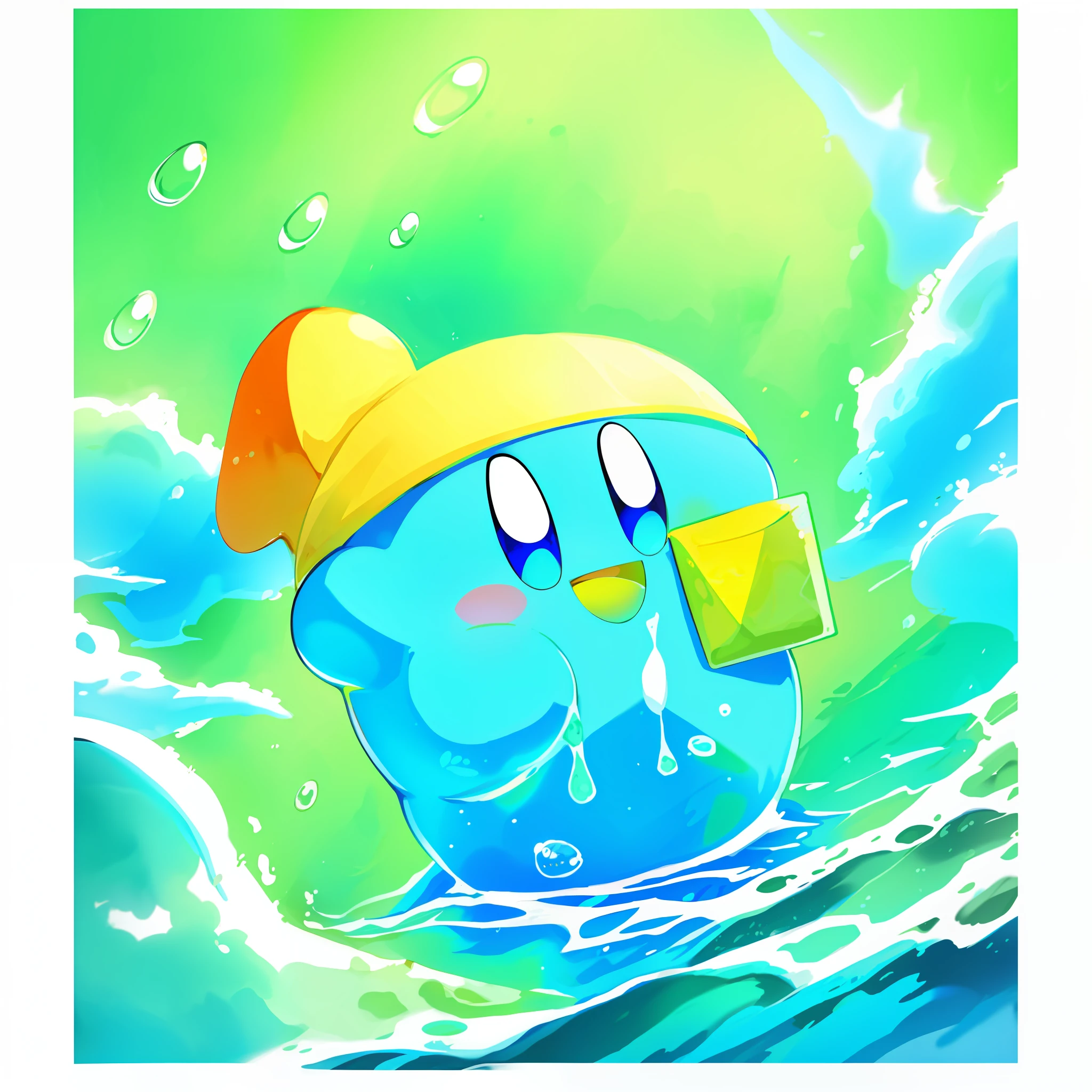 (An exceptional piece of artwork with the highest picture quality), featuring Kirby with his trademark blue eyes, a big smile, and an open mouth, floating in a cup filled with a bright green liquid.