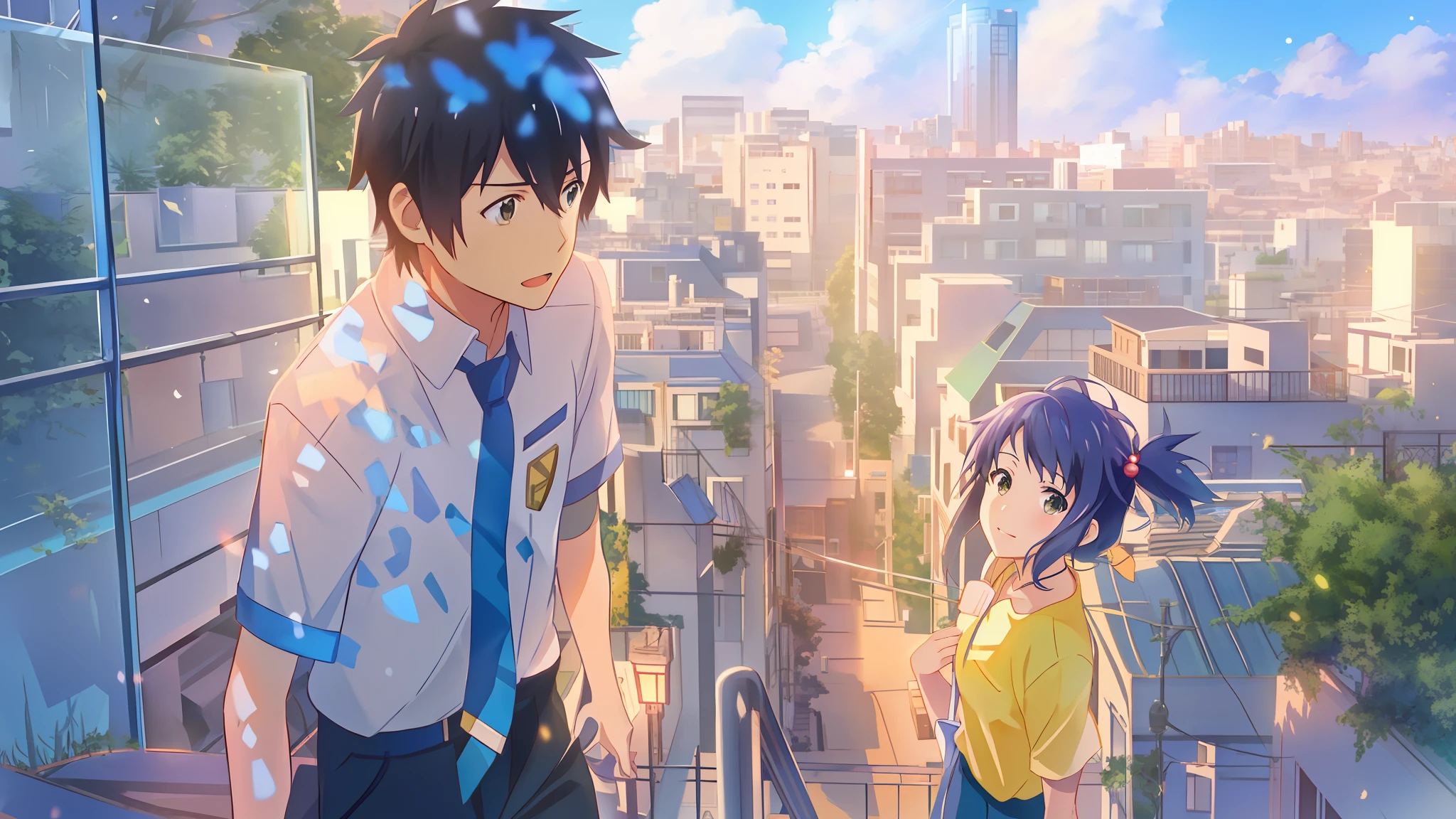 anime characters standing on a balcony overlooking a city, your name, kimi no na wa, your name movie style, ross tran and makoto shinkai, makoto shinkai movie, sakimichan and makoto shinkai, makoto shinkai and bioware, makoto shinkai. —h 2160, fiona staples and makoto shinkai