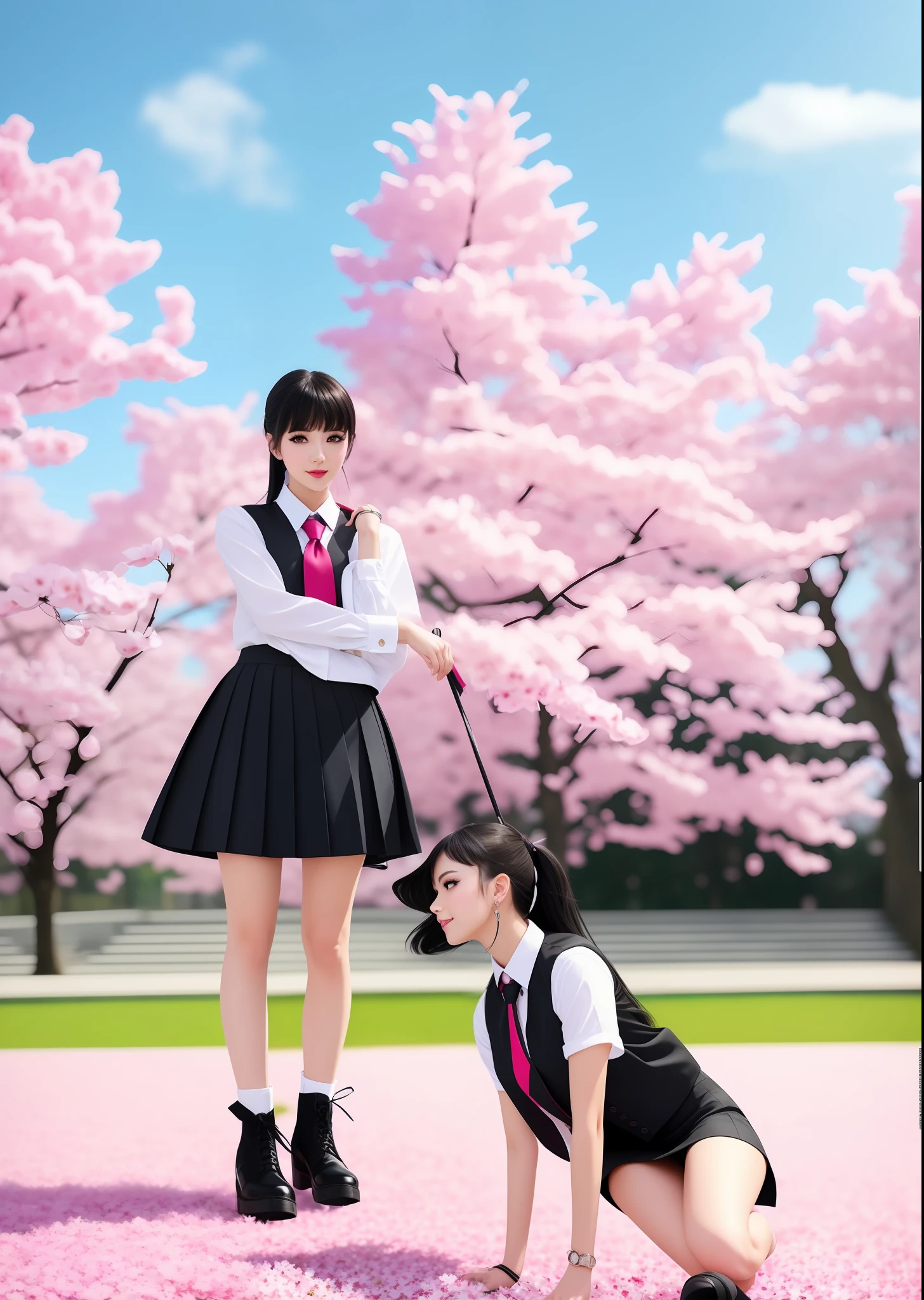 masterpiece, best quality, full body, 1girl, bangs, black choker, black necktie, black hair, blue skirt, blush, bracelet, breasts, choker, clothes around waist, collarbone, collared shirt, cowboy shot, dress shirt, ear piercing, eyebrows visible through hair, gradient hair, grin, gyaru, jewelry, kogal, long hair, looking at viewer, loose necktie, necktie, piercing, plaid, plaid skirt, pleated skirt, red eyes, ring, school uniform, shirt, skirt, smile, solo, white shirt, street, sky, cherry blossoms, petals,illustration, (magazine:1.3), (cover-style:1.3), fashionable, woman, vibrant, outfit, posing, front, colorful, dynamic, background, elements, confident, expression, holding, statement, accessory, majestic, coiled, around, touch, scene, text, cover, bold, attention-grabbing, title, stylish, font, catchy, headline, larger, striking, modern, trendy, focus, fashion,
