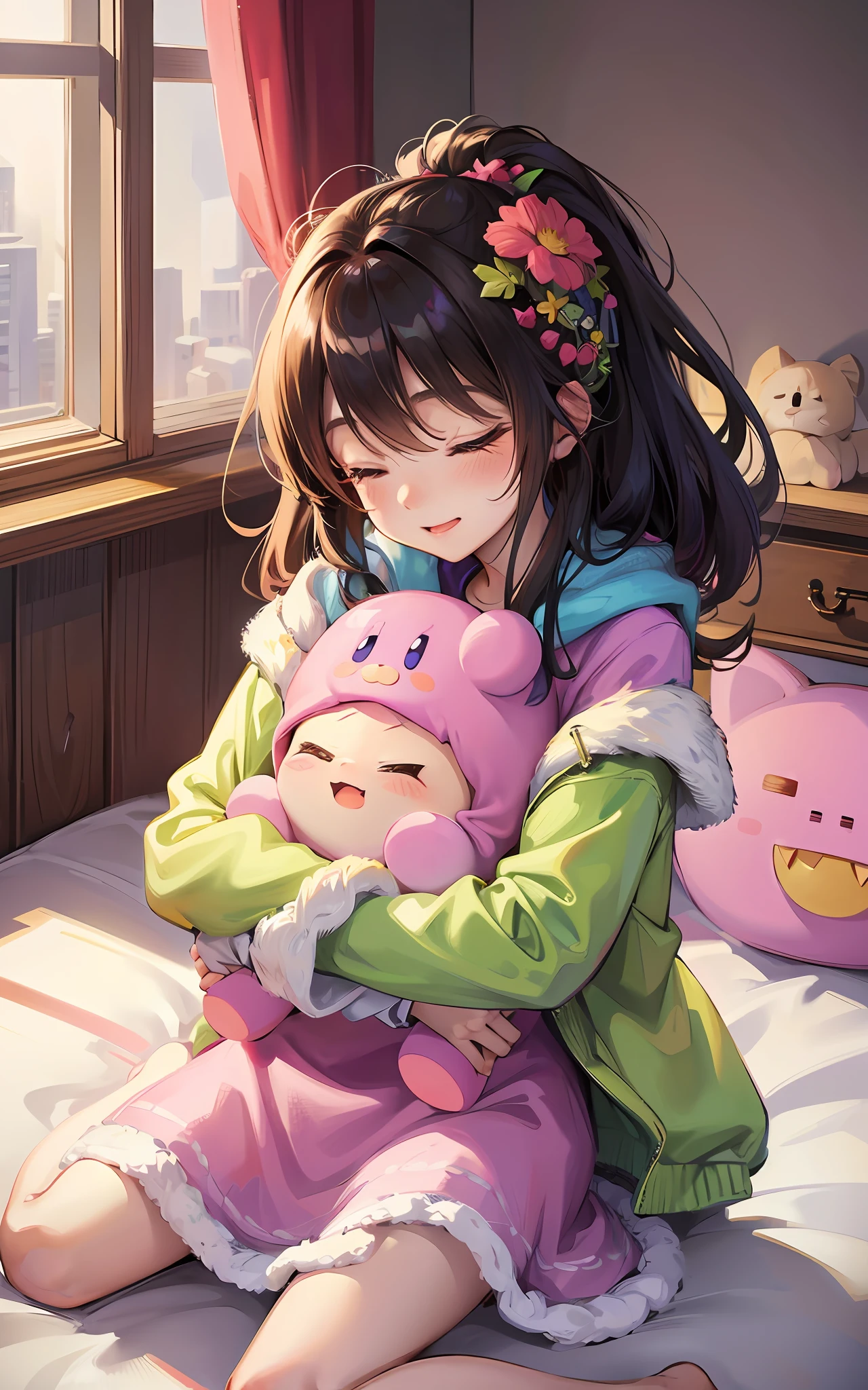 cute smol happy 1girl hugging her solo cute happy Kirby + warm lighting, loving, cozy bedroom, colorful, (eyes closed)+, blankets --auto --s2