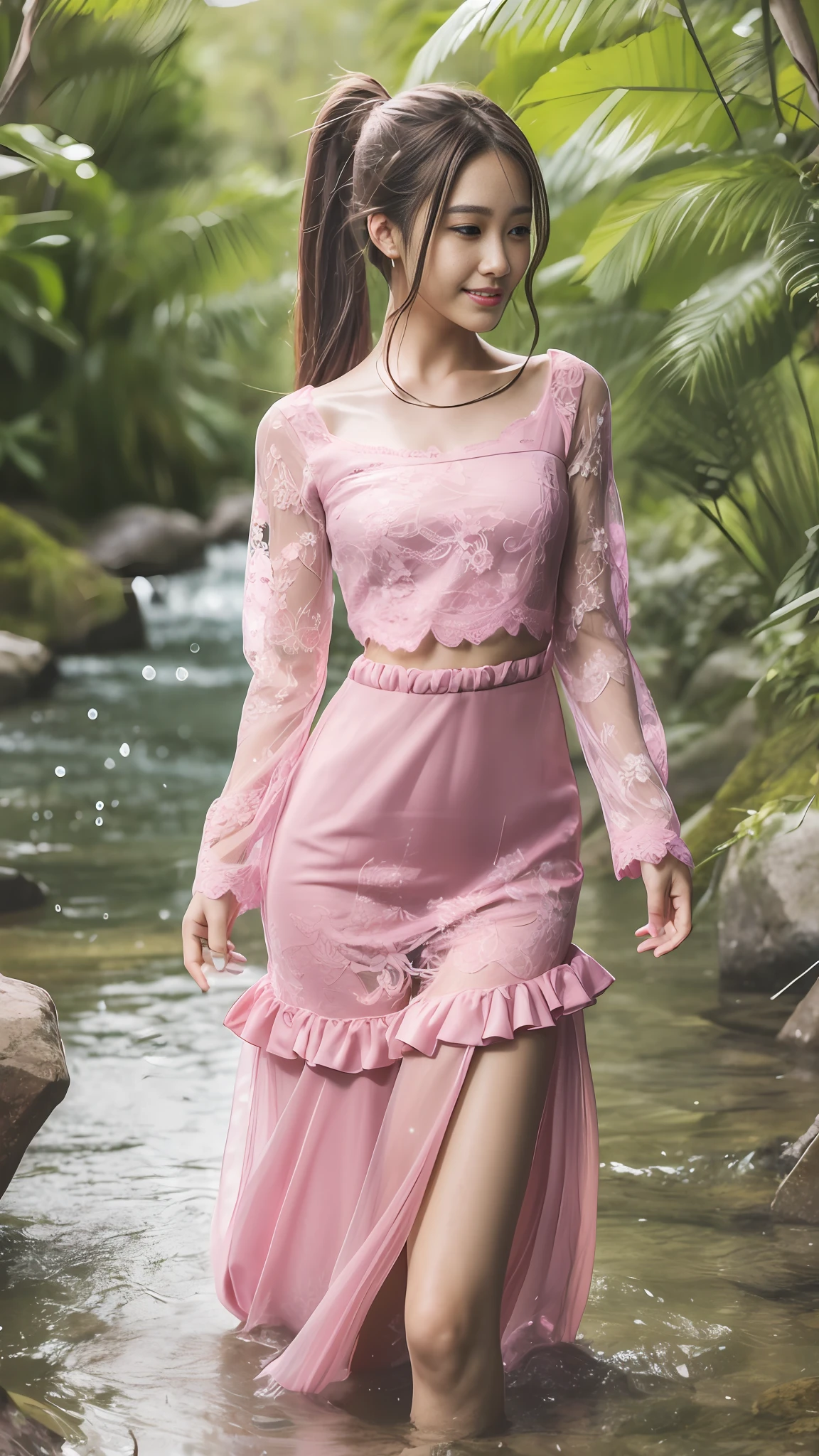 real person, clear details, very good skin, by the stream, a pretty girl, wearing a transparent pink lace, full body photo, hands behind her back, smile, double eyelids, single ponytail