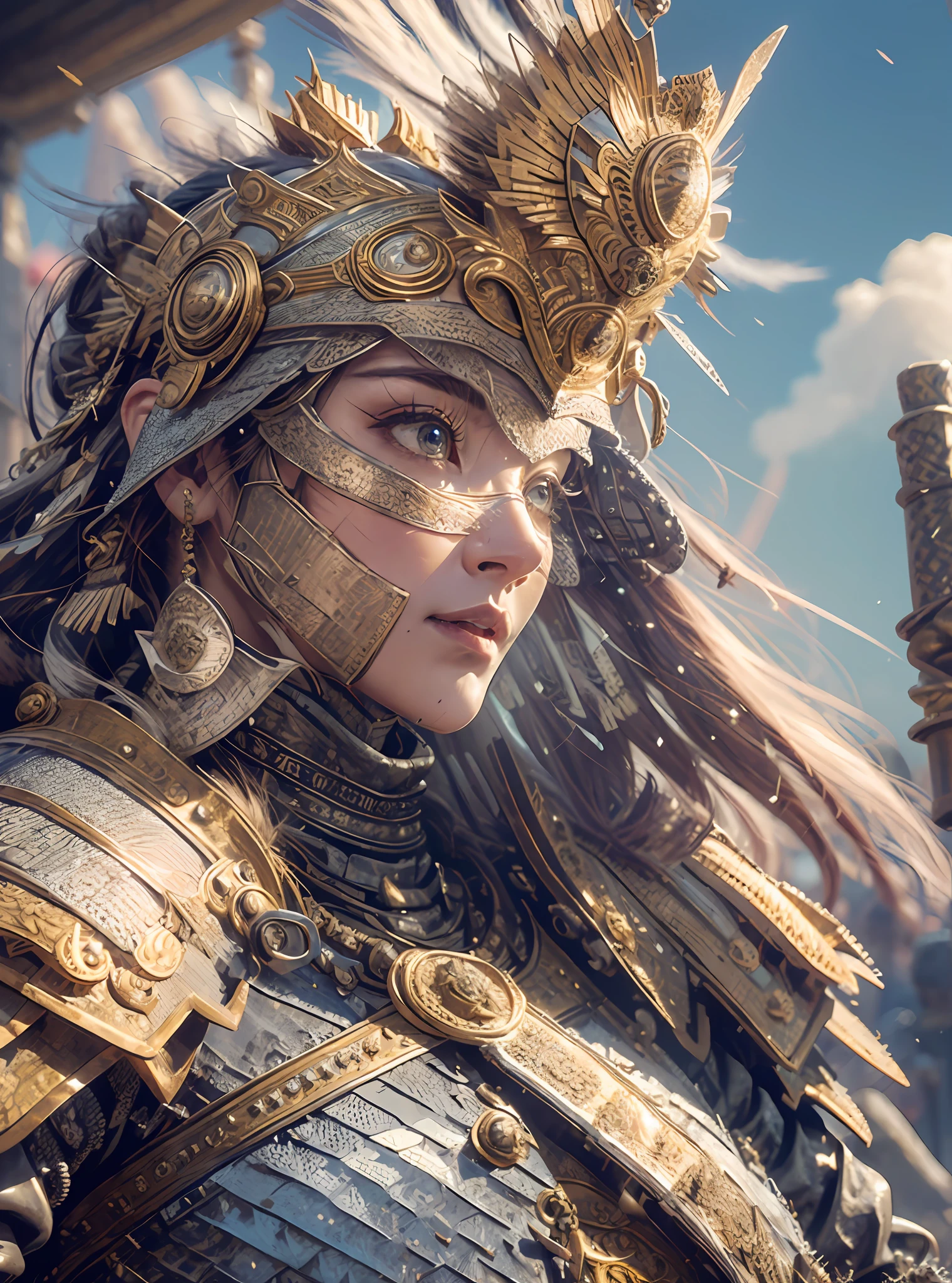 Illustration, woman, cinematic light, highest quality, ultra detailed realism, detailed face, detailed eyes, best quality, hyper detailed, masterpiece, On the battlefield, a woman in heavy and detailed armor, She is dressed in a heavy armor that glitters in the sunlight, every detail meticulously worked. Every piece of your armor is made to protect and display your strength. A steel crown adorns his head, showing his position of leadership, His eyes, fixed with an unwavering determination, shine through the openings of the visor, conveying a formidable intensity, An imposing breastplate embraces his torso, made of intertwined metal plates The glow of the armor reflects, His shoulders are protected by solid, ornate shoulder pads, which extend to the muscular arms covered by chainmail,  war environment, realistic horses, sunlights, chaotic fields, smokes, light environment, celestial yellow orange tones --auto --s2