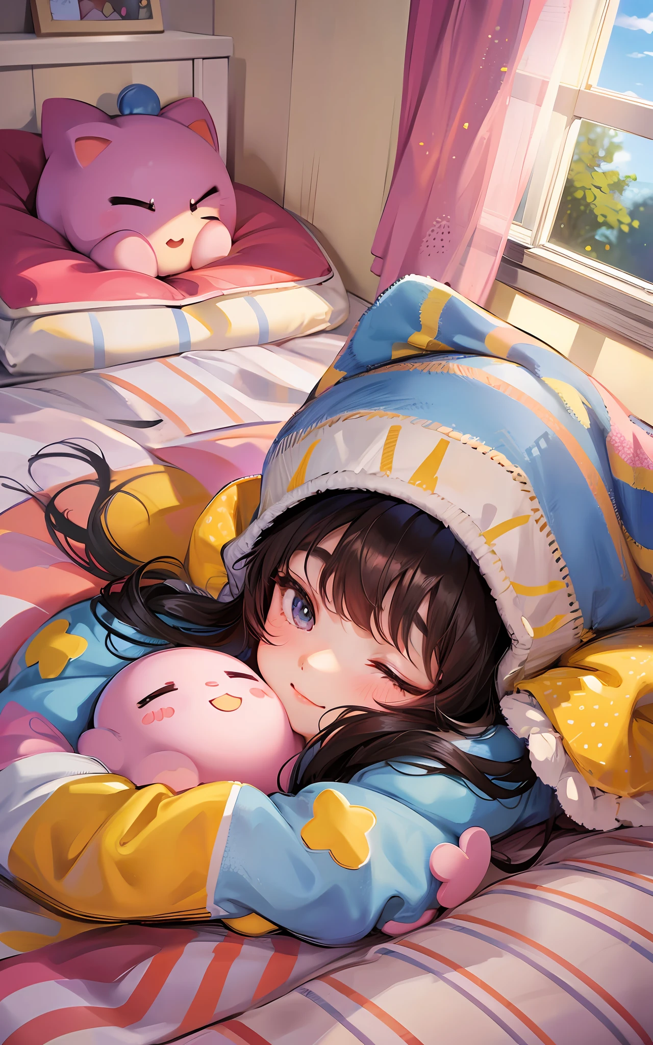 cute smol happy 1girl hugging her solo cute happy Kirby +  warm lighting, loving, cozy bedroom, colorful, (eyes closed)+, blankets --auto --s2