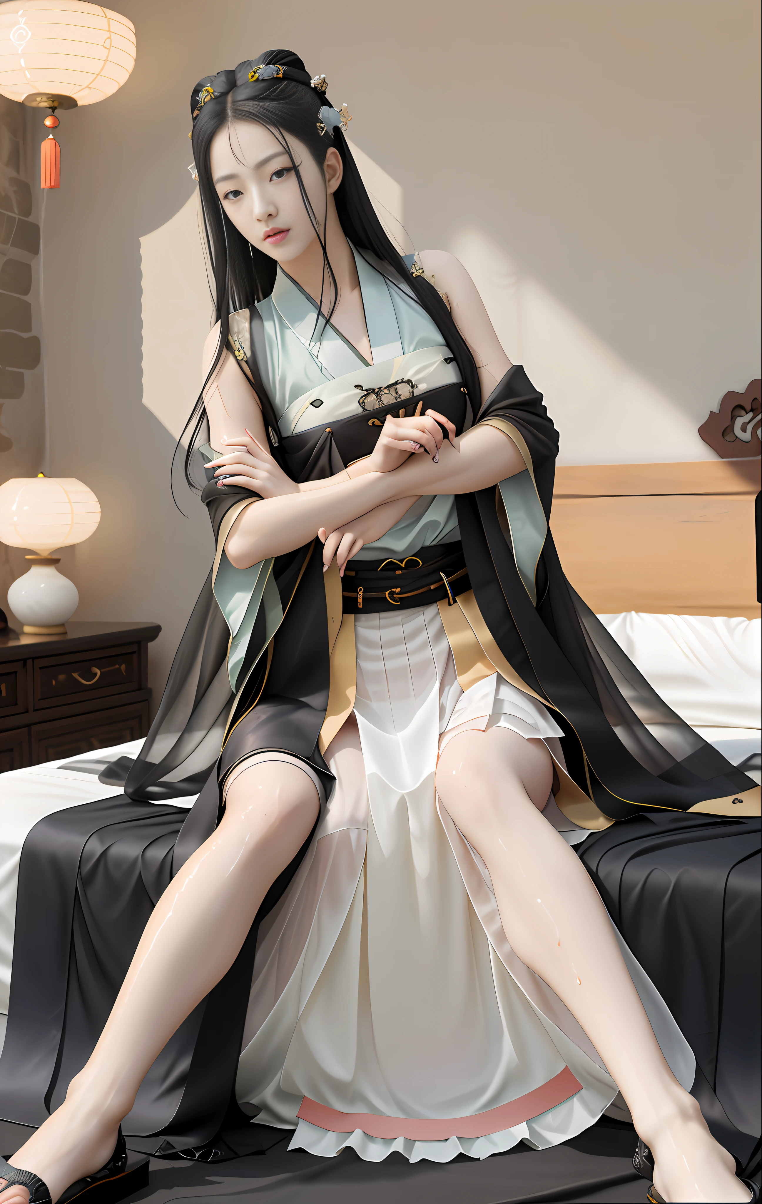 High quality, masterpiece, masterpiece, exquisite facial features, exquisite hair, exquisite eyes, exquisite colored hair, 4K picture quality, brilliant light and shadow, Tyndall effect, halo, black hair, young state, chains, , big eyes of ancient Chinese beauty, very detailed, woman lying on bed, (man riding on woman) Hanfu, Chinese style, martial arts, sexy, transparent, wet, bare legs, bare breasts, (men and women hugging and kissing), (hands reaching into the skirt to touch the breasts) (lifting the skirt to reveal the lower body) bare shoulders, bare buttocks