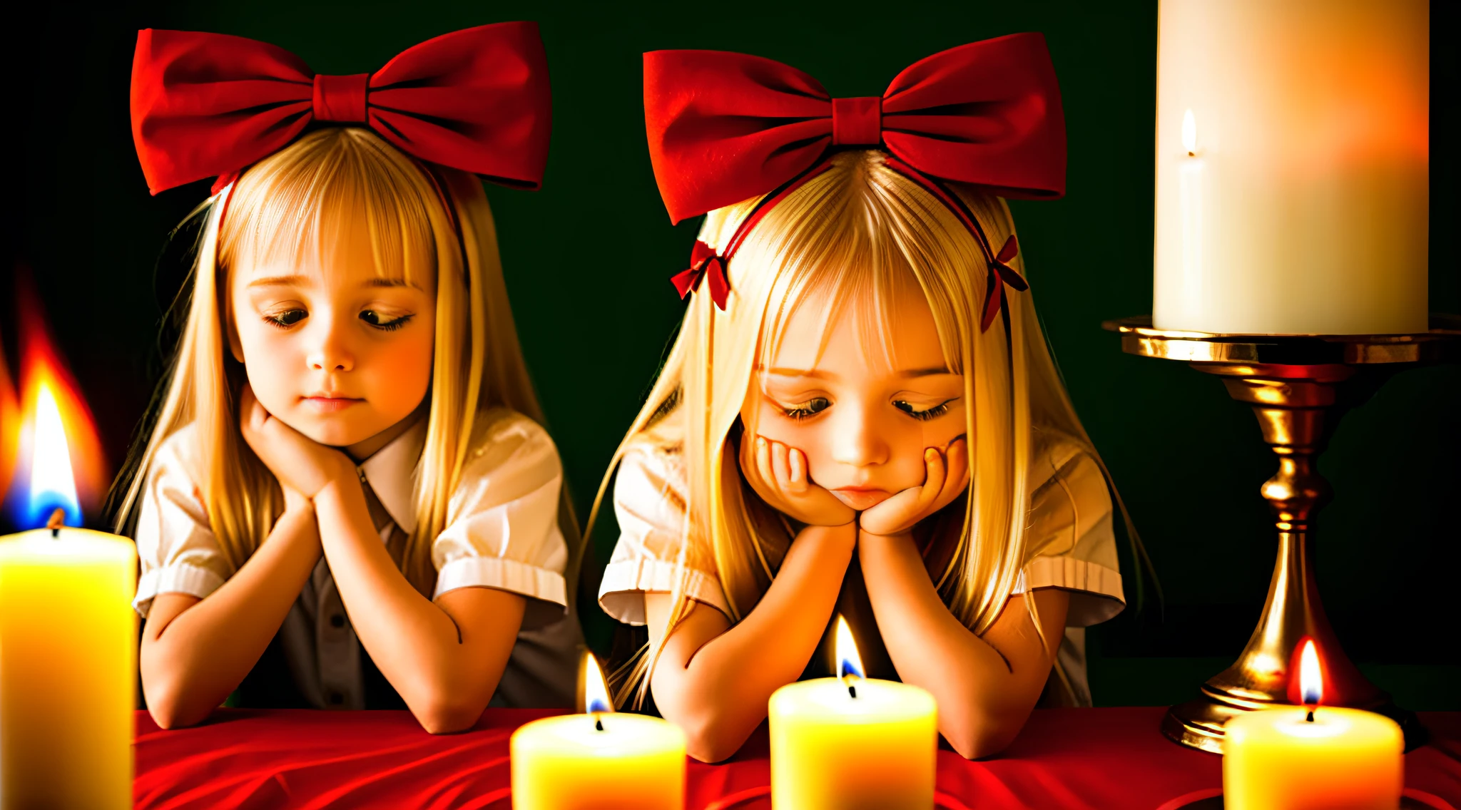 Blonde children girl WITH STRAIGHT HAIR ON HEAD GREEN COLOR BOWS, PRAYING, RED BACKGROUND, CANDLES WITH FIRE.