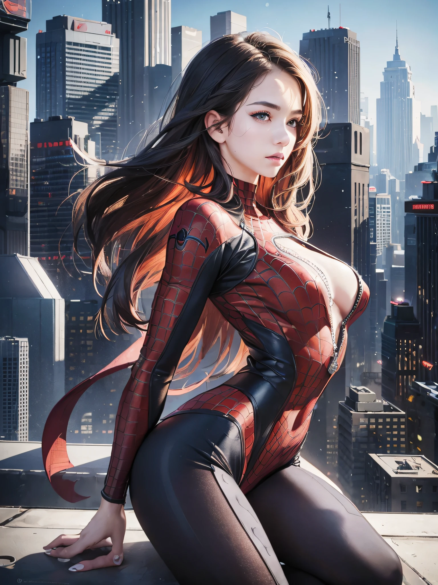 (1girl:1.3), Solo, (((Very detailed face)))), ((Very detailed eyes and face)))), Beautiful detail eyes, Body parts__, Official art, Unified 8k wallpaper, Super detailed, beautiful and beautiful, beautiful, masterpiece, best quality, original, masterpiece, super fine photo, best quality, super high resolution, realistic realism, sunlight, full body portrait, amazing beauty, dynamic pose, delicate face, vibrant eyes, (from the front), She wears Spider-Man suit, red and black color scheme, spider, very detailed city roof background, rooftop, overlooking the city, detailed face, detailed complex busy background, messy, gorgeous, milky white, highly detailed skin, realistic skin details, visible pores, clear focus, volumetric fog, 8k uhd, DSLR, high quality, film grain, fair skin, photo realism, lomography, futuristic dystopian megalopolis, translucent --auto --s2