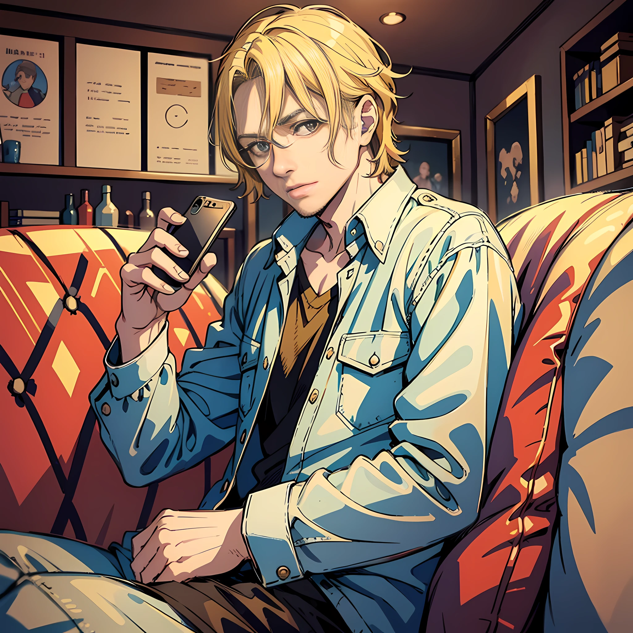 1 man, 40 years old, foreigner, blonde hair, blond pupils, holding a mobile phone, sitting on a sofa, surreal