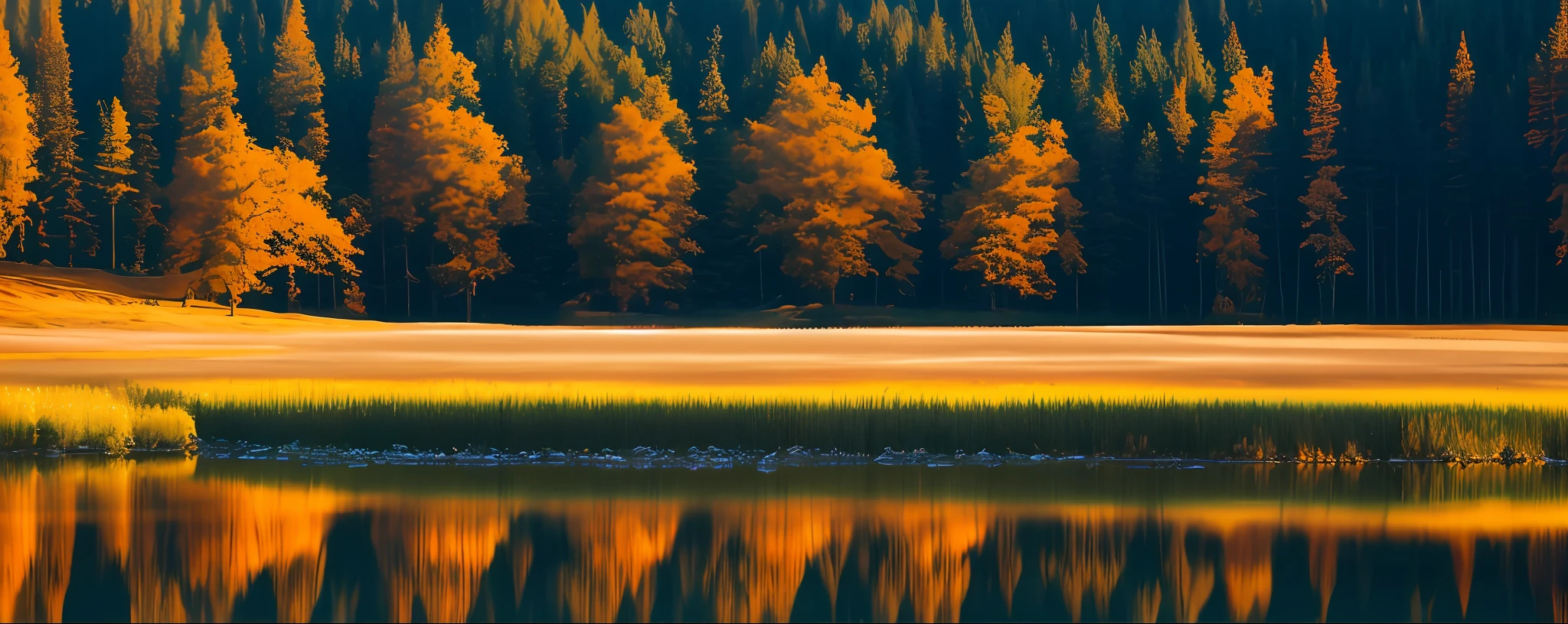 there is a beautiful sunset with a lake and trees in the background, colorful skies, surreal colors, colorful sunset, colorful sky, marvellous reflection of the sky, stunning sky, dream like atmosphere 8k, colorful clouds, colors reflecting on lake, surreal sky, red and blue reflections, fire reflection, beautiful sky, beautiful and spectacular dusk, beautiful dreamy landscape, amazing sky