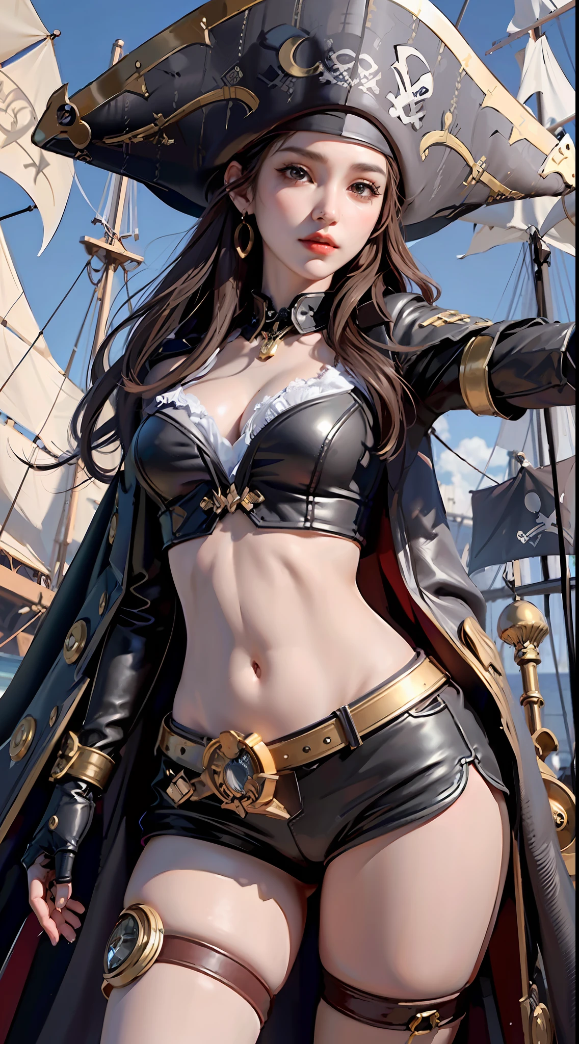 Original, Close-up, Steampunk, ((Gear Giant Ship Background, Precision Gear Deck)), Full Body Portrait, Very Detailed Wallpaper, Very Detailed Illustrations, (1 Girl), Perfect Female Body, Beautiful Eyes, (Delicate Face), (Seductive Expression), Eyes, Shock, ((Pirate Hat, Pirate Suit, Open Clothes Showing Navel)), ((Pirate, Classical Complex and Luxurious Pirate Ship)), (Red Lips), (Delicate Black Glove), (Fair Skin), (Best Light), ( Super Intricate Details), 4K Unity, (Super Detailed CG), Shorts, Fair Legs Exposed, Holding Double Gunner, Female Gunman, Hot Pants