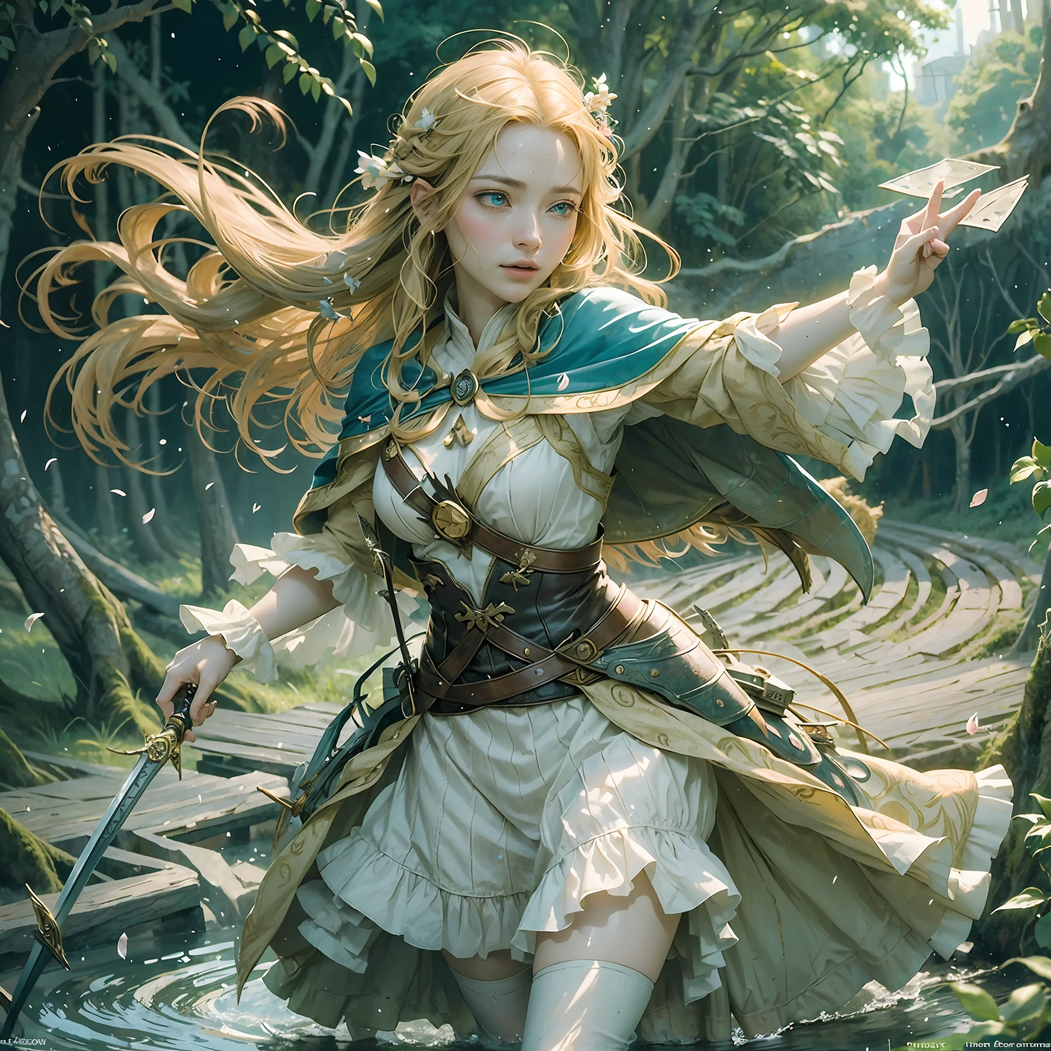 ```pt
(extremely detailed CG unity 8k wallpaper,masterpiece,best quality),(floating,highly dynamic angle,o Hoobit the battle of the five army,Tauriel, heroic and delicate,1girl,sizeable), at the moment of charging, (multicolored_hair + blond hair: 1.2 + red hair: 1.1 + yellow hair: 1.1), slender body, chest armor, fine stitching, exquisite details,(blue eyes:1.1),leaping posture, sword in hand,airborne splashing water,white wisps,partially cloudy sky(background)).
```
Prompt2:
```pt
(extremely detailed CG unity 8k wallpaper,masterpiece, best quality),(best illumination, best shadow, an extremely delicate and beautiful),(floating),(Tauriel and Legolas standing on the slender tree branch), in the forest,the light cast by the trees is mixed,with the sun setting in the horizon,leaves and branches dancing in the wind, the ripples of the flowing water match the cascading petals as they fall into the water in an extraordinary scene.(Volumetric_light),a breathtaking moment.
```
Prompt3:
```pt
(extremely detailed CG unity 8k wallpaper,masterpiece, best quality),(best illumination, best shadow, an extremely delicate and beautiful),(floating),(Tauriel running over the fallen leaves on the ground),colorful forest in the background.(depth_of_field:1.1),flying water droplets around her,forming a small rainbow,(petals falling from the trees:1.2), creating a dreamy spectacle reminiscent of childhood games, (toys scattered around:0.9),(wind rustling through the leaves),Tauriel's cloak flutters in the wind,accompanying her elegant running postures.(grasslands, Volumetric_light).
```
请注意,这些提示并不保证100%成功,最好进行调试与优化以获得最佳效果。 --auto --s2