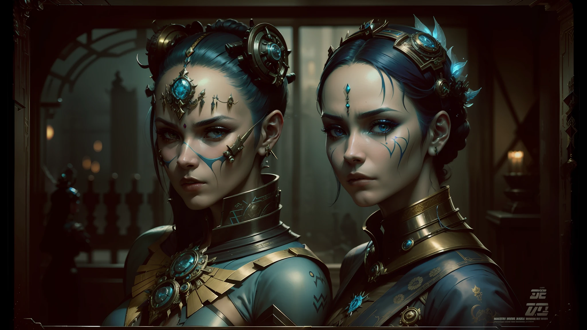 two women in costumes are standing in a room, as lady mechanika, static Prometheus frame, blue body paint, cyberpunk ornaments, Aztec Empress, cinematic details, guards, balcony scene, solarpunk, by Leon Wyczółkowski, sisters, Japanese cgi, Kazakh empress, character close-up --auto --s2