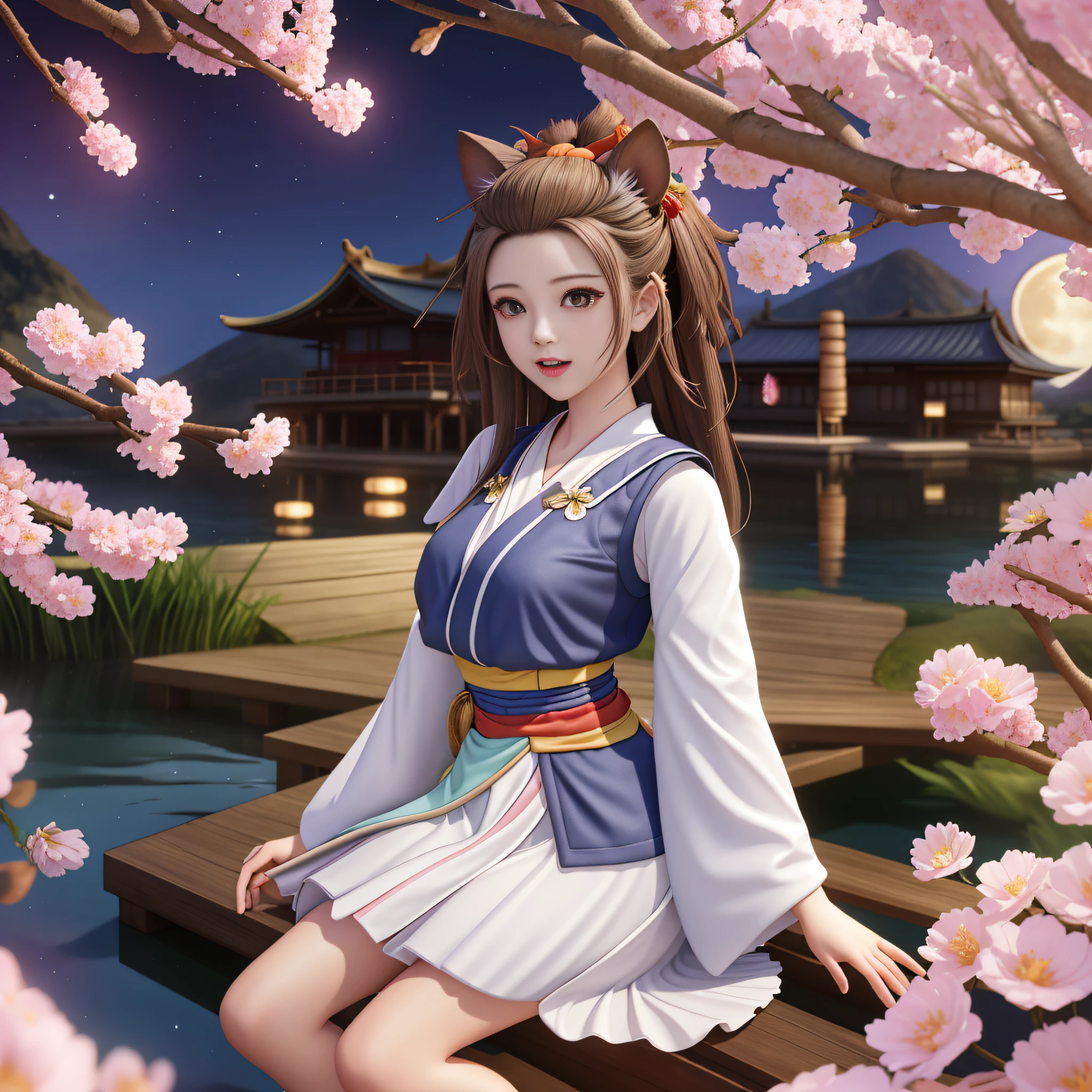 masterpiece, best quality, 8k, wonderful, lake, mountain, bamboo forest, wooden house, moon, night, star sky, blossom, brown hair, brown eyes, bangs pinned back, forehead, animal ears, animal tail, very long sleeves, petite, kimono, girl, adult, yugioh, ash blossom & joyous spring, open mouth