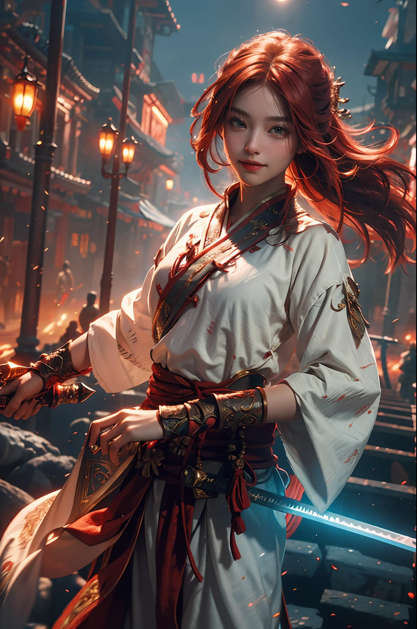 (RAW Photo, Best Quality), (Realistic, Photorealistic Photo: 1.3), Best Quality, Highly Detailed, Masterpiece, Hyper Detail, Illustration, 1 Girl, Smile, Red Hair, Red Clothes, Wield Two Swords, upper_body, Dynamic Angle, World Mastery Theatre, Flying Long Hair, Fluores Cent Red, Dynamic Fire Inbackground, Best Quality, Extremely detailed CG unified 8k wallpapers, ink, amazing, movie lights, lens_flare, wuxia_style