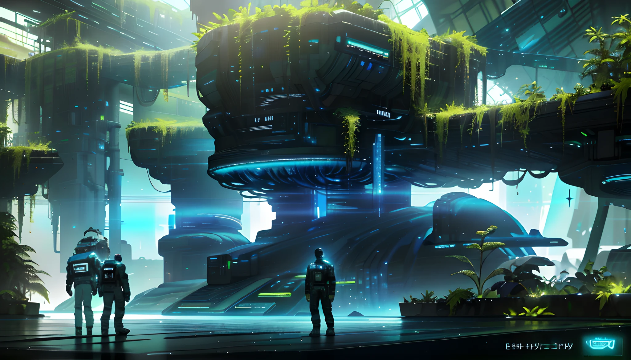 arafed image of a man standing in a room with plants, scifi environment, scifi scene, hd 4k game screenshot, sci - fi environment, environment artist, 2020 video game screenshot, sci - fi scene, soma game style, videogame still, 8 k high detail concept art, future science fiction. game cg, futuristic environment