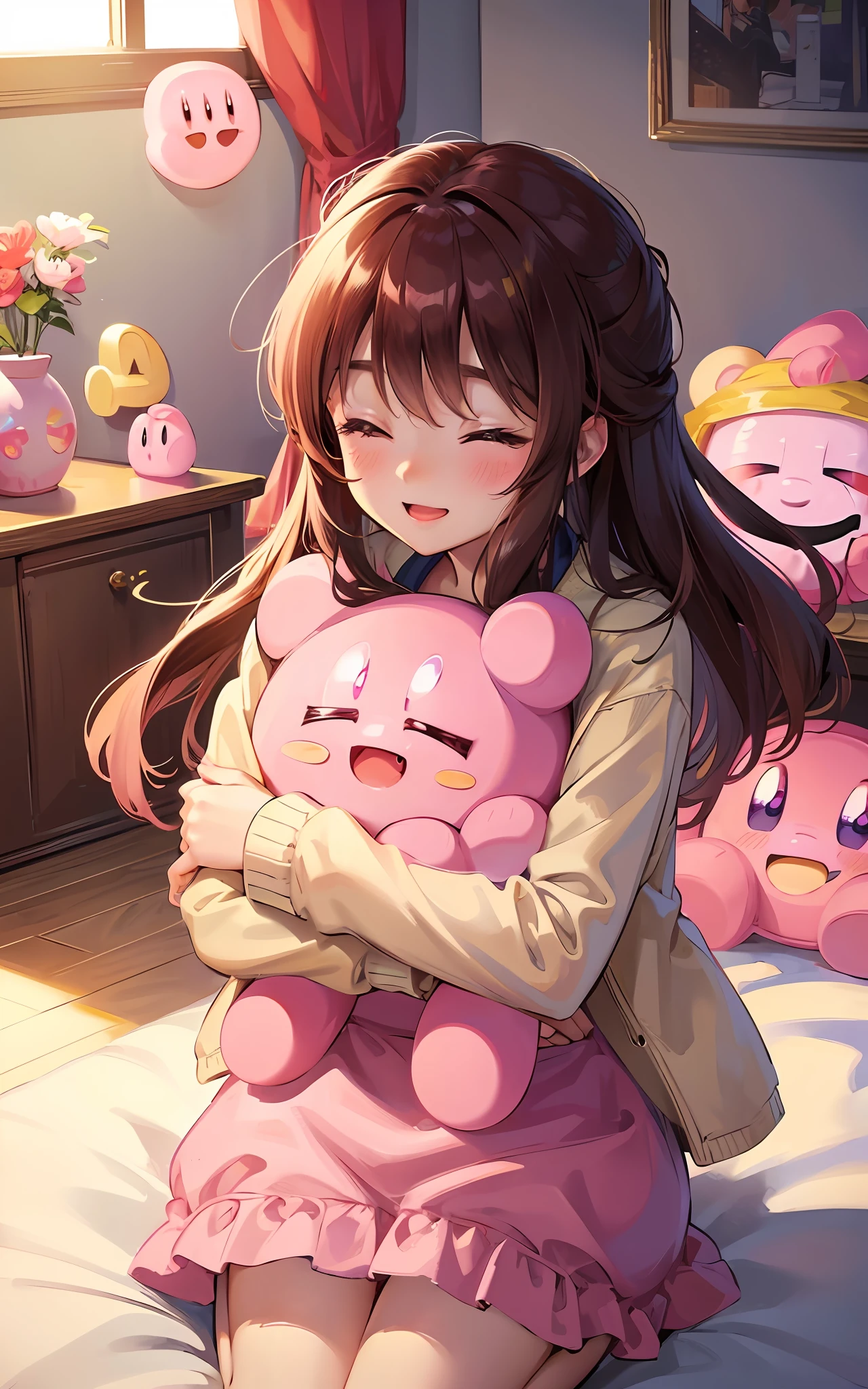 cute smol happy 1girl hugging her solo cute happy ((Kirby : pink))+ warm lighting, loving, cozy bedroom, colorful, (eyes closed)+, blankets --s2