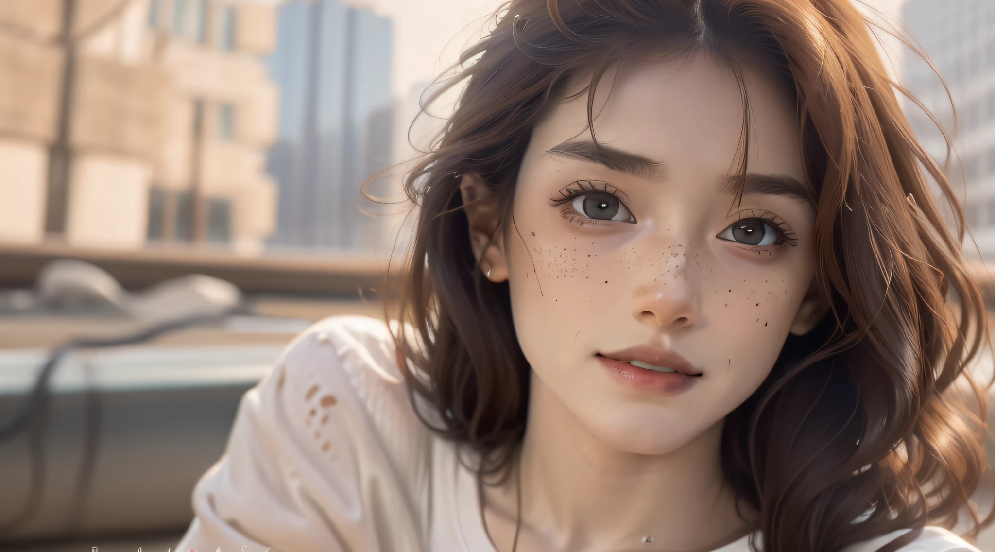 Masterpiece, realistic, delicate eyes, beautiful, looking at the viewer, natural light, depth of field, film grain, wrinkled skin, ((34yo)), brazil, feminine, solo, wearing t-shirt, short wavy brunette hair, brown eyes, freckles, from waist up, portrait. Front view, exterior, D-cup