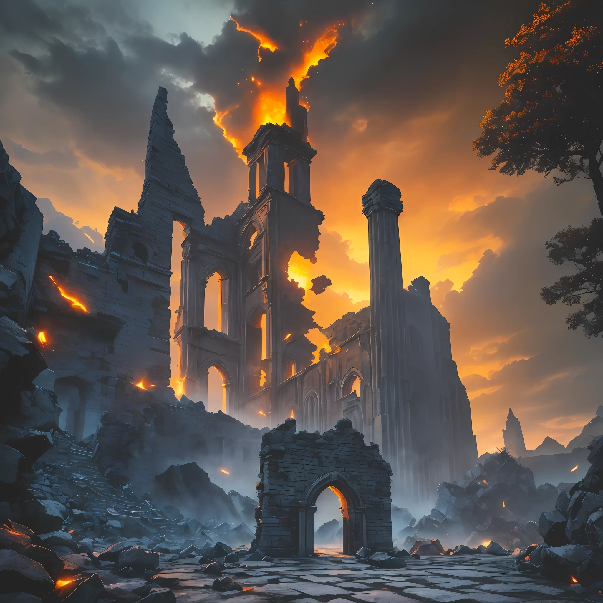 Extensive landscape computer ultrasound photograph (general view, which shows a ruined stone tower, (detailed description of the tower), sky, clouds (detailed), as well as dawn (detail), glade (detail), stone details of the tower, destroyed surface of the tower, one gray-haired guy in a shirt and trousers (1: 3), (ultra-detailed description of appearance), stone dust, ruined tower (ruined tower 1: 2), (falling stones: 0.9), (stone dust: 1.3), sand, stones, ruined tower BREAK production art, (cold light source:1.2), (Firefly:1.2), fire particles, dark, red, yellow and orange, complex details, volumetric lighting, realism BREAK (masterpiece:1.2), (best quality), 4k, ultra-detailed, (dynamic composition: 1.4), high detailed, colorful details, (gloomy colors: 1.2), (luminous lighting, atmospheric lighting), gloomy, dark, magical --auto --s2