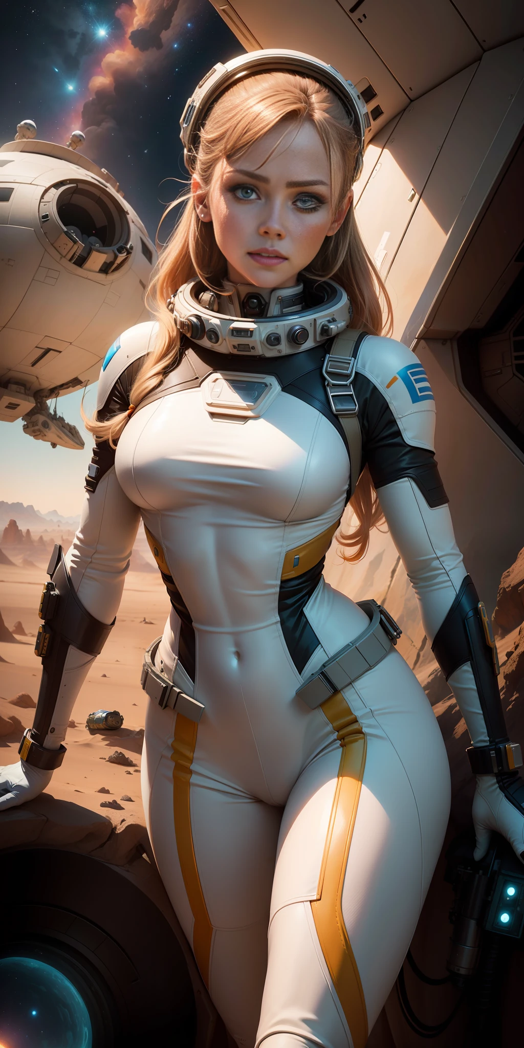 A woman in a spacesuit wearing a spacesuit with a space cap standing, next to a crashed sci-fi spaceship, art trends, realistic female faces, delicate and good-looking faces, matte art, single yellow, looks a bit like Amy Adams, red desert Mars, Kylie Minogue as Barbarella, Ian Hubert's style, map Patreon, 70s colors, valerian grass, teethless, crashed spaceship in the background sky, body part is mecha,