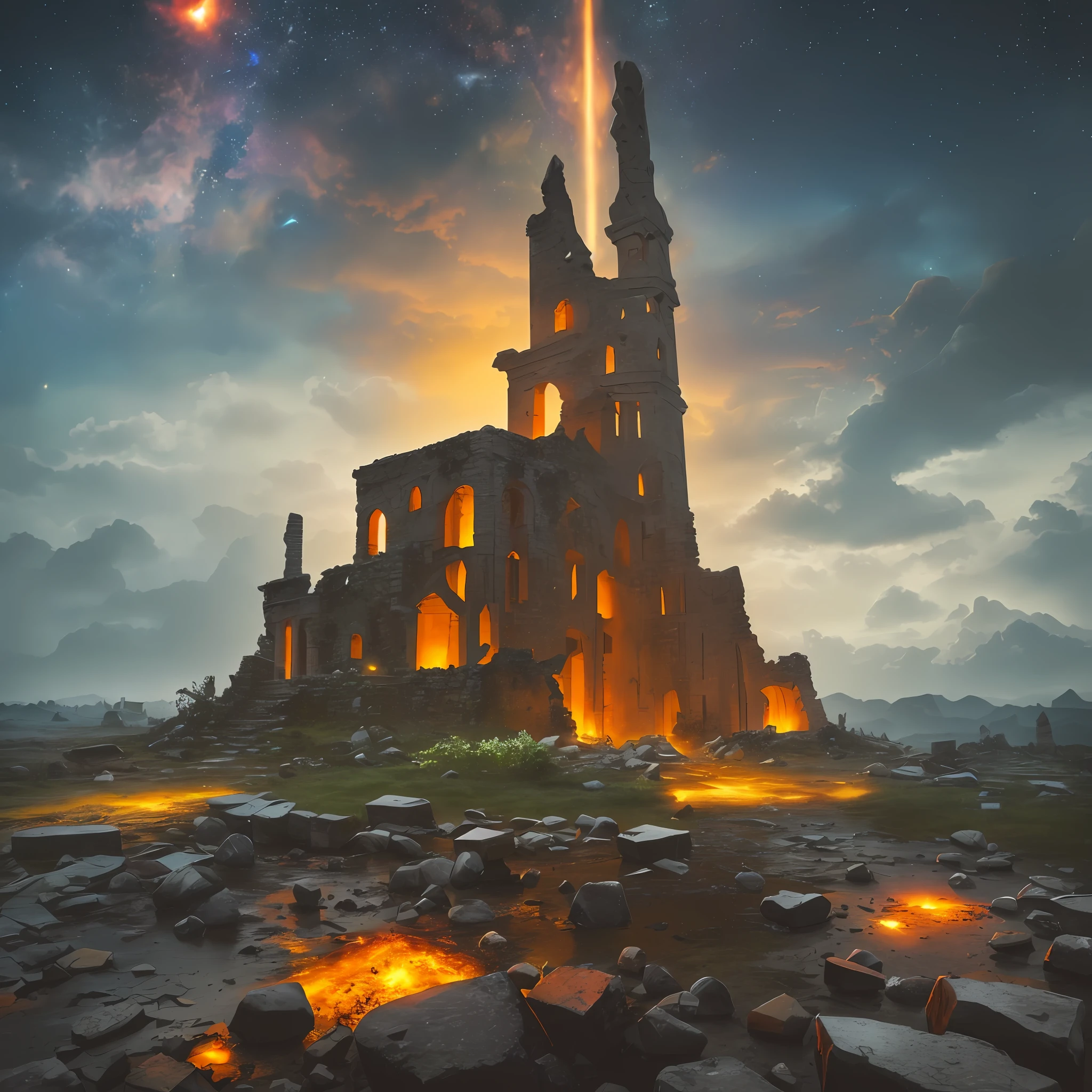 Extensive landscape computer ultrasound photograph (general view, which shows a ruined stone tower, (detailed description of the tower), sky, clouds (detailed), as well as dawn (detail), glade (detail), stone details of the tower, destroyed surface of the tower, one gray-haired guy in a shirt and trousers (1: 3), (ultra-detailed description of appearance), stone dust, ruined tower (ruined tower 1: 2), (falling stones: 0.9), (stone dust: 1.3), sand, stones, ruined tower BREAK production art, (cold light source:1.2), (Firefly:1.2), fire particles, dark, red, yellow and orange, complex details, volumetric lighting, realism BREAK (masterpiece:1.2), (best quality), 4k, ultra-detailed, (dynamic composition: 1.4), high detailed, colorful details, (gloomy colors: 1.2), (luminous lighting, atmospheric lighting), gloomy, dark, magical --auto --s2