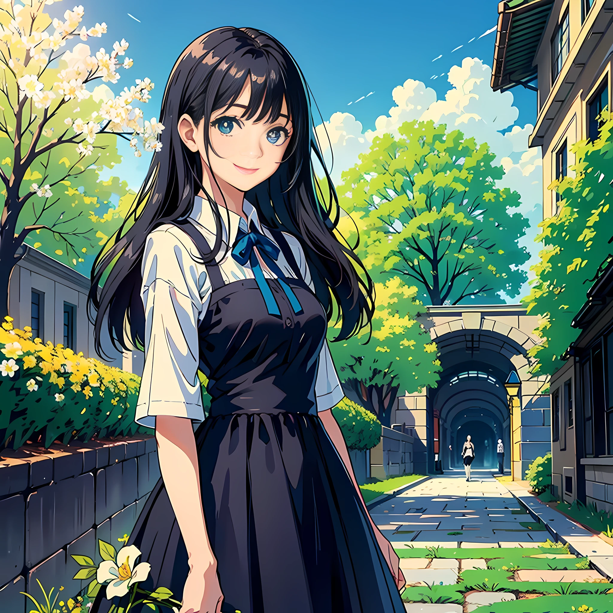 1 woman, delicate face, black hair, blue pupils, white dress, standing on campus, green trees, flowers, smile, surrealism