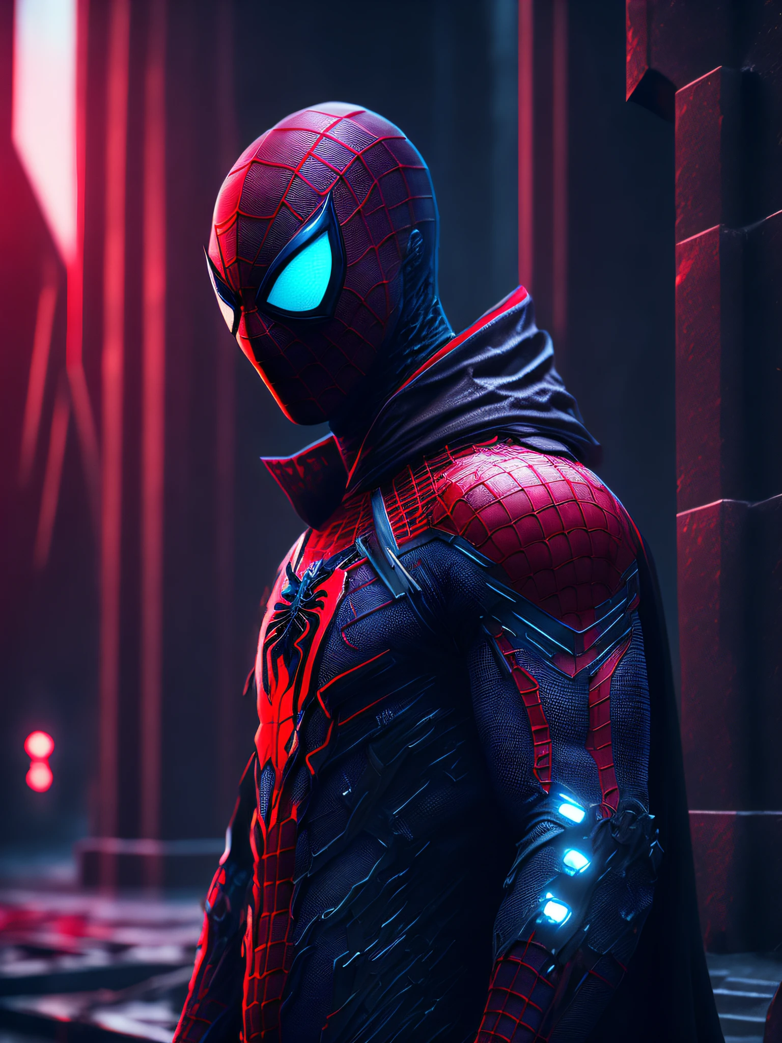 gloomy portrait of Bloody Spider-Man from Marvel with intricate angular cybernetic implants inside a brutalist building, gothic brutalist cathedral, cyberpunk, award-winning photo, bokeh, neon lights, cybernetic limb