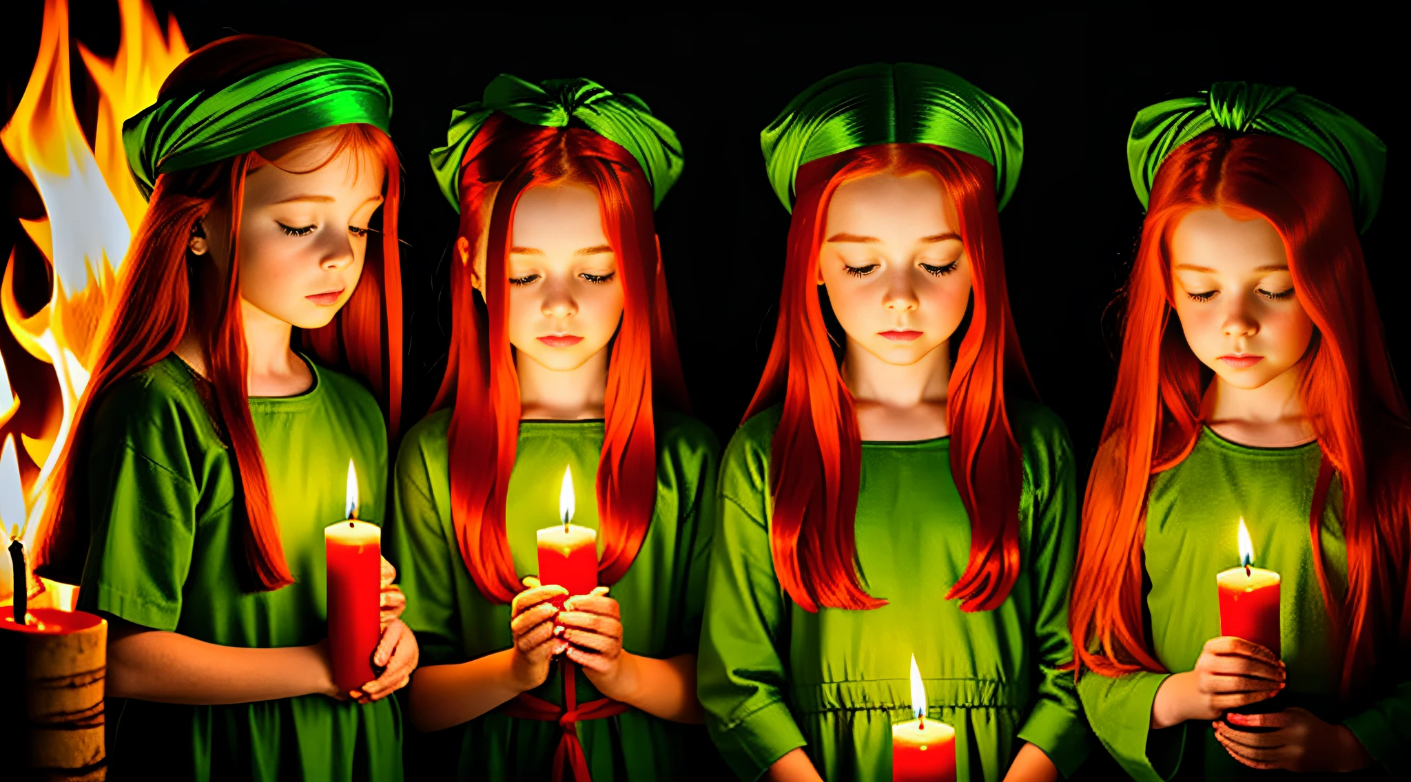 girl children REDHEADS WITH STRAIGHT HAIR ON HEAD TIES GREEN COLOR, PRAYING, RED BACKGROUND, CANDLES WITH FIRE.