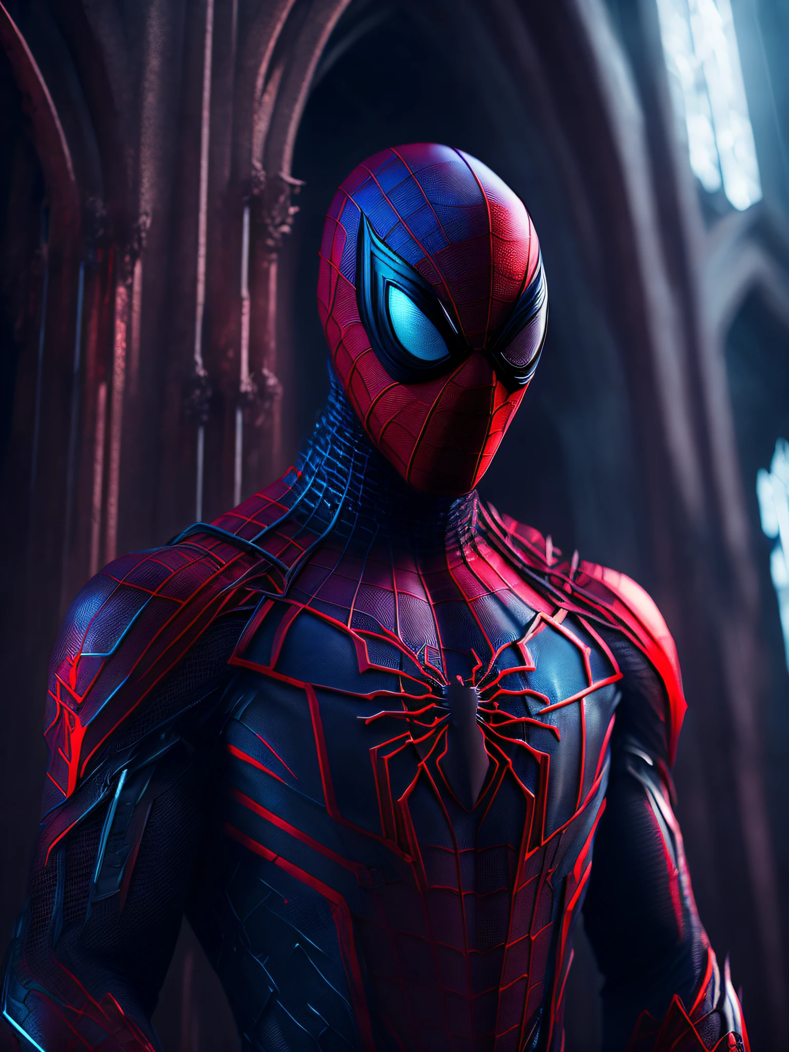 gloomy portrait of Bloody Spider-Man from Marvel with intricate angular cybernetic implants inside a brutalist building, gothic brutalist cathedral, cyberpunk, award-winning photo, bokeh, neon lights, cybernetic limb