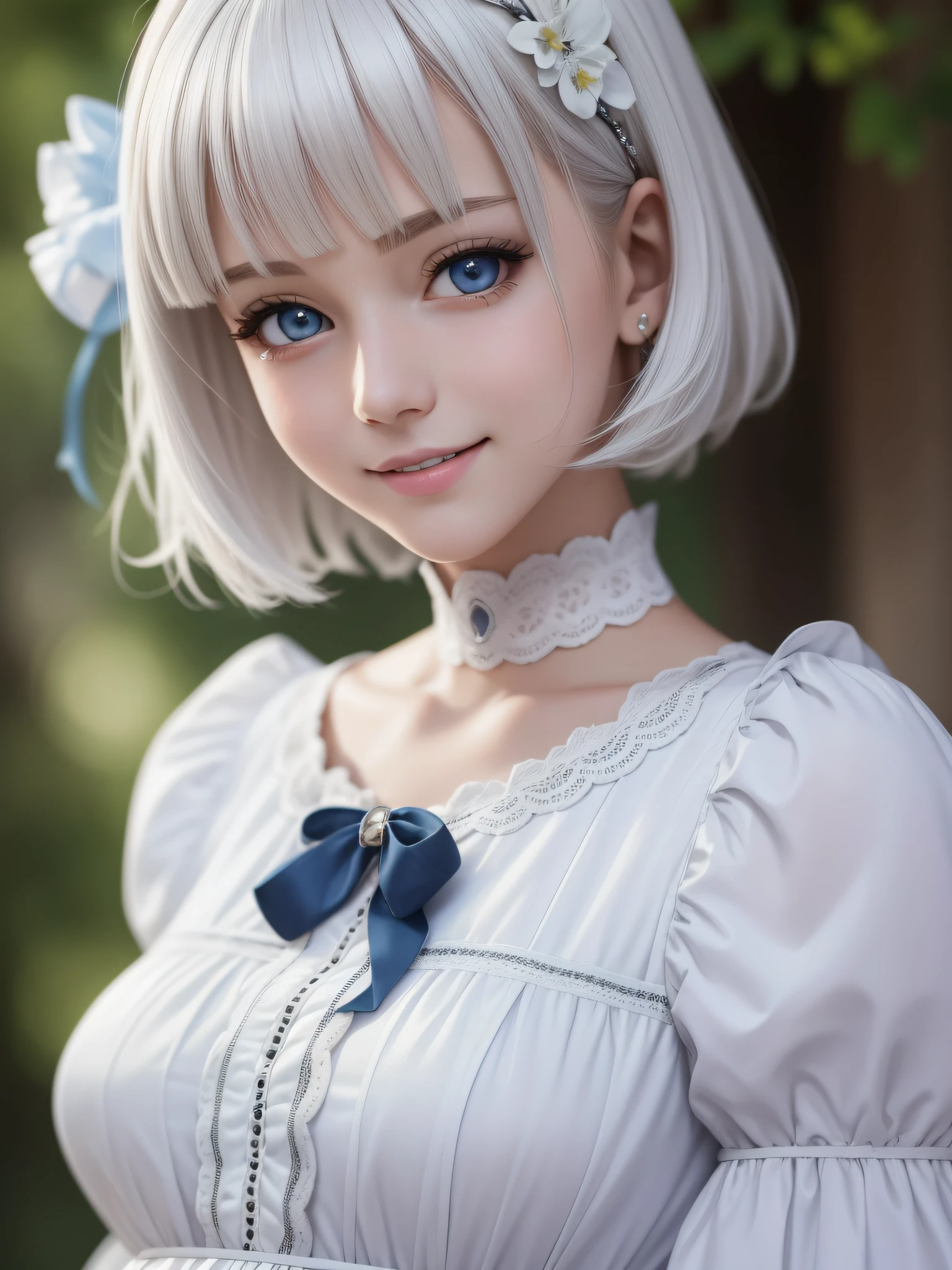 (RAW Photo: 1.2), (Photorealistic: 1.4), (Masterpiece: 1.3), (Best Quality: 1.4), Ultra High Resolution, (Detailed Eye Features), (Detailed Facial Features), (Detailed Clothing Features), HDR, 8k Resolution, Solo Focus, Bangs, Skin Tight, (Glossy Skin), (Slender Beautiful Girl), Check Commentary, Commentary Request, Landscape, No letters, Bob hair, Short hair, White hair, Blue eyes, 1 girl, Full body, Lolita clothes, Happiness, Smile
