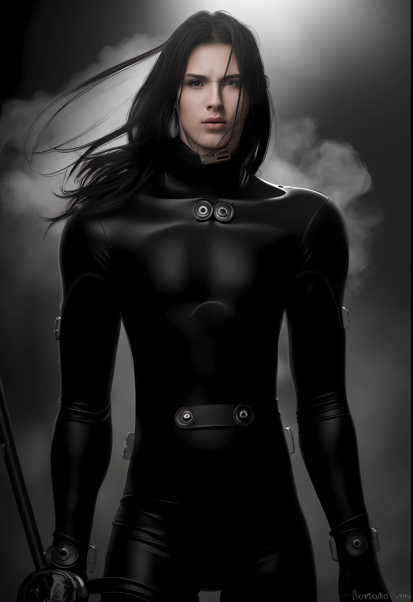 8K, Ultra HD, DSLR, high quality, cinematic lighting, bokeh), (dramatic, award-winning photography, incredible masterpiece: 1.3) (hyper-realistic photo, masterfully lit), exquisite texture, (dramatically lit individual or group), (signature pose, dynamic expression), 1male, (japanese male) realistic face detailed, matt black latex suit, black hair, (meticulous detail in every crevice) (life-like subject), natural lighting, big smoke behind back (white background).