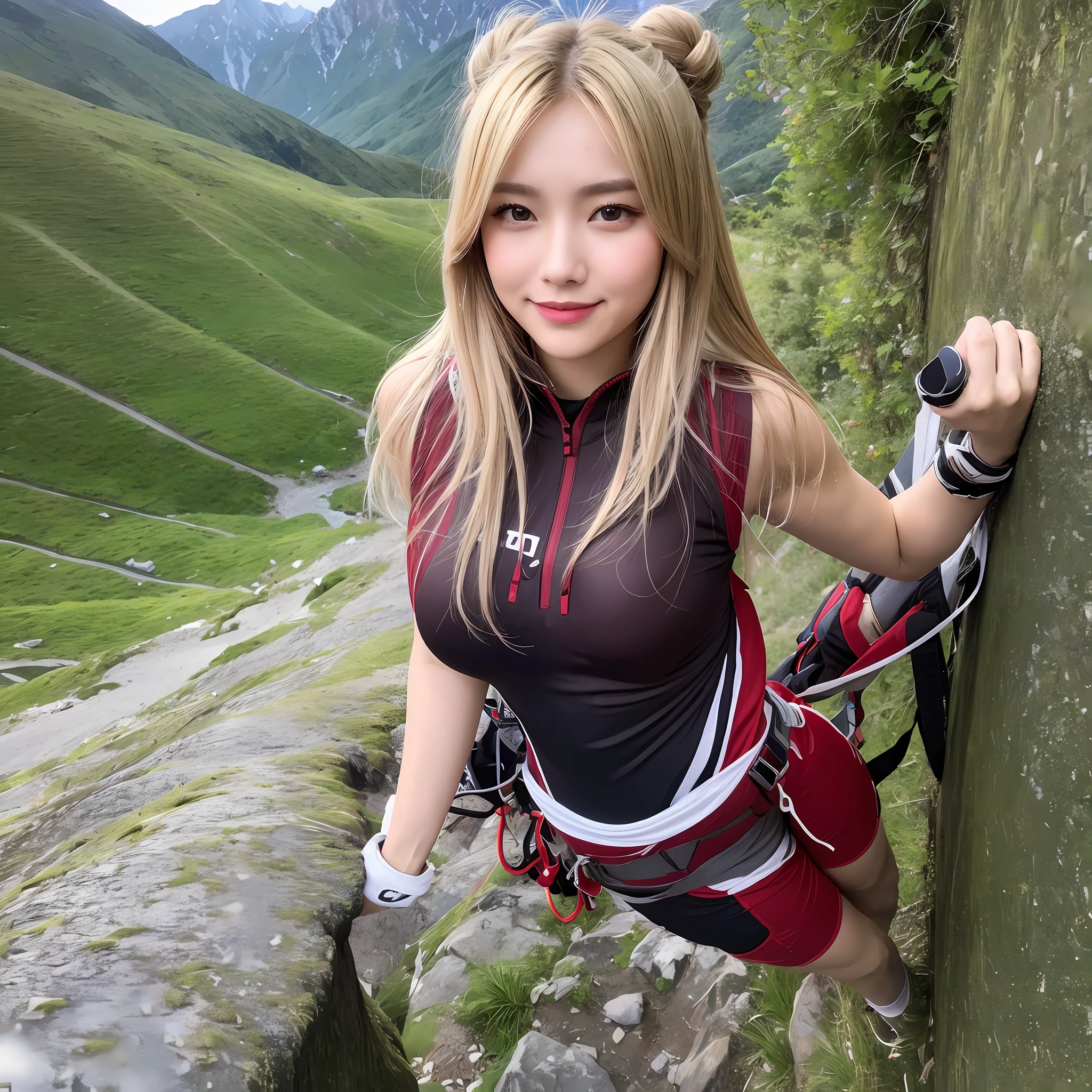 (8k, ultra high res, best quality, masterpiece:1.1), (realistic, photo-realistic:1.1), ultra-detailed, bloom, bokeh, cinematic lighting, light glow, 1girl, japanese girl, (athlete:1.1), beautiful detailed eyes, beautiful detailed teeth, smile, (full body:1.1), milf, small breasts, blonde straight hairstyle, bangs, heart-shaped face, round eyes, greek nose, deep philtrum, red plump lips, mountaineering, maroon climbing gear, mountains,