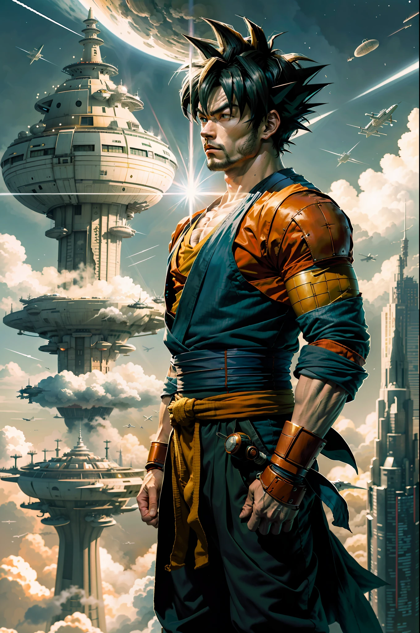 Goku em Bespin, a powerful warrior from another planet, trains in the floating city of Bespin high above the clouds. The futuristic cityscape is awe-inspiring, with towering skyscrapers and bustling air traffic. Goku trains with intense focus, surrounded by a calm and serene atmosphere that belies the city's frenetic energy. The atmosphere is filled with a sense of anticipation, as if Goku is preparing for an impending battle. The lighting is dim, with a diffuse, yellow hue that casts long shadows on the ground, adding to the pensive mood #endl