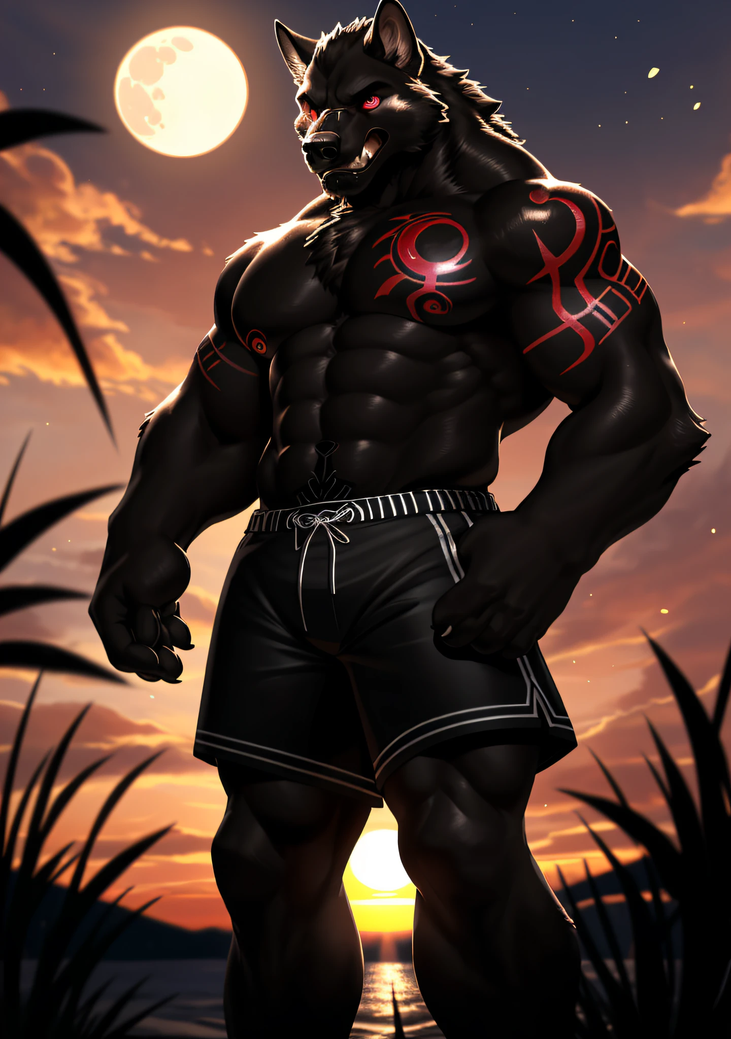 male alpha wolf in garden, black skin, red tattoo, waning moon tattoo on his chest, ((heterochromia, blue left eye, red right eye)) dreamy background, kindness, ((serious, frightening expression)), unlimited light, magnificent sunset background, octane render, beautiful features, beautifully detailed eyes, intricate skin, detailed face, perfect skin texture, extreme details, full body vision,  cinematic lighting, professional lighting, centered, looking at the camera, 8k, shooting with Hasselblad X1D-50, maximum focus, depth of field, perfect lighting, light particles, (best quality), (masterpiece), (ultra detailed), sharp focus, light particles, standing, black shorts, standing, detailed legs, detailed paws,