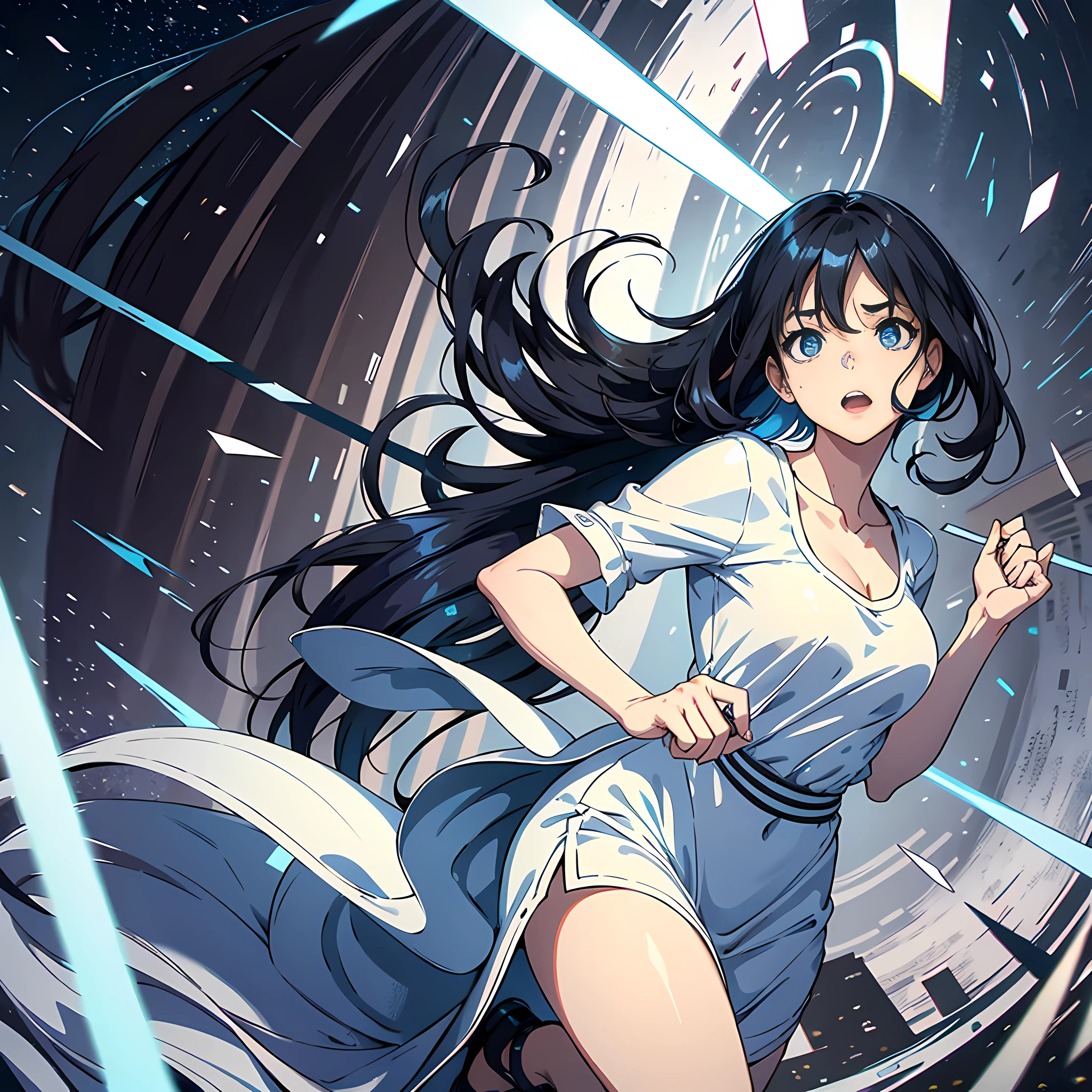 1 woman, delicate face, black hair, blue pupils, white dress, running, scared, surreal