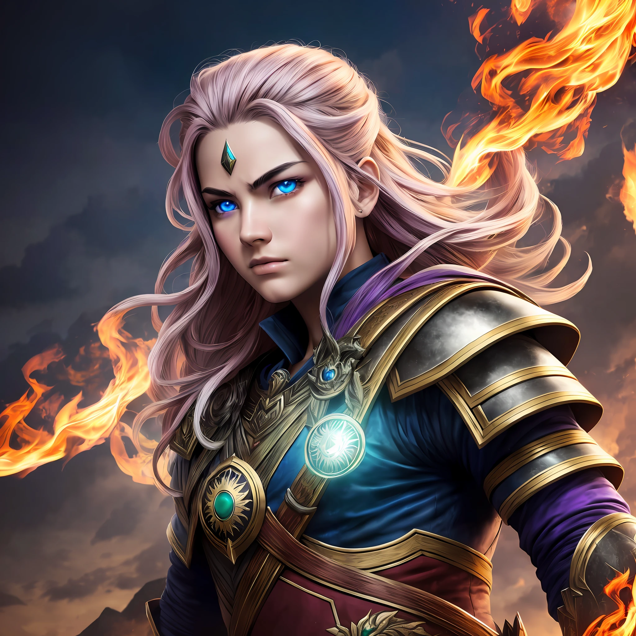(masterpiece), supreme quality, ultra-detailed details, CG image with 8K resolution, dynamic angle, wearing warrior clothes, the character's hair color can be multicolored, blue, red, silver, yellow, purple or green, blue eyes, beautiful face, in the background wide view of a dark horizon with lots of smoke, turbulence, dust and flames, creating a dramatic and impressive image.