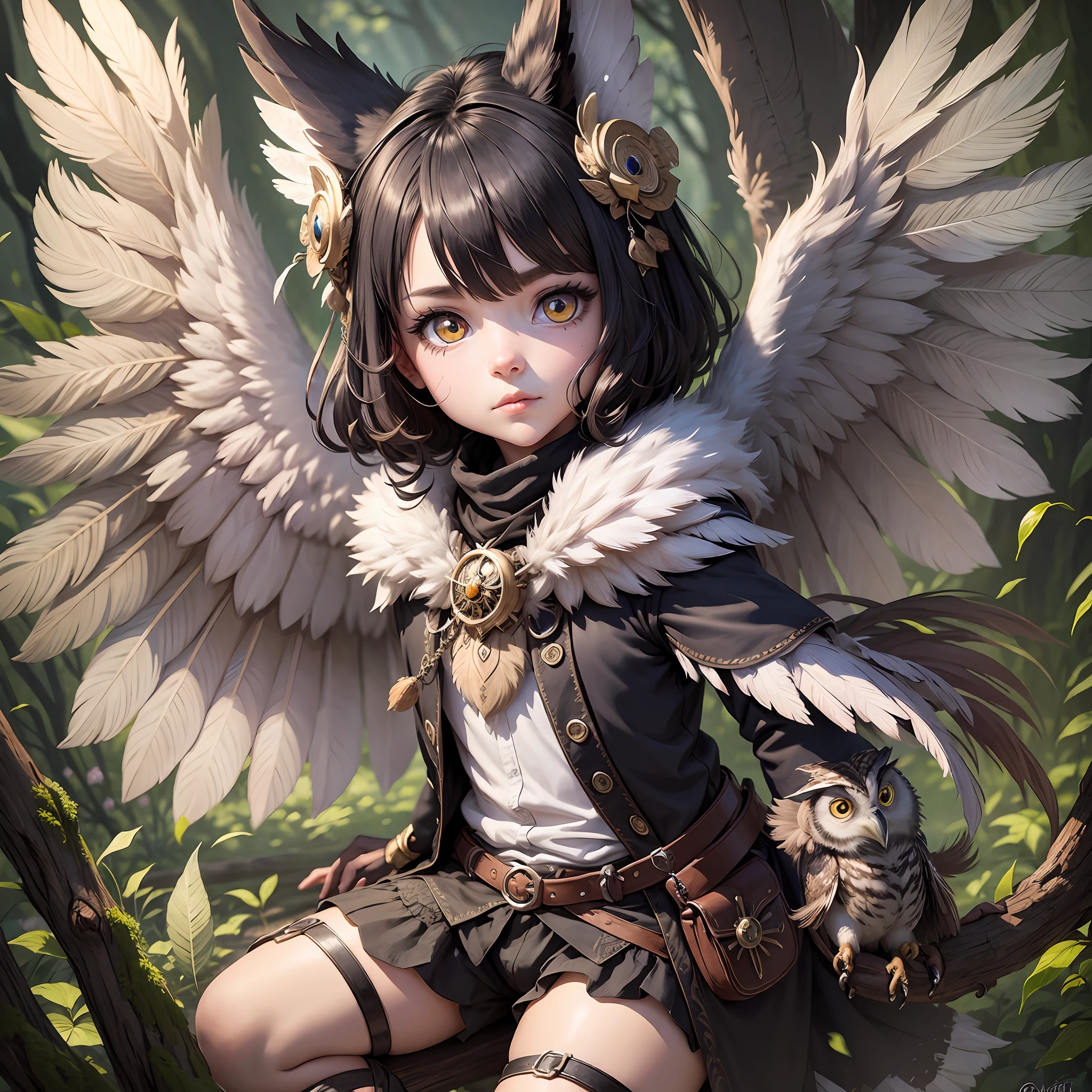 Create a hybrid  with owl half child with owl traits and feathers for a DND RPG with owl wings and owl eyes