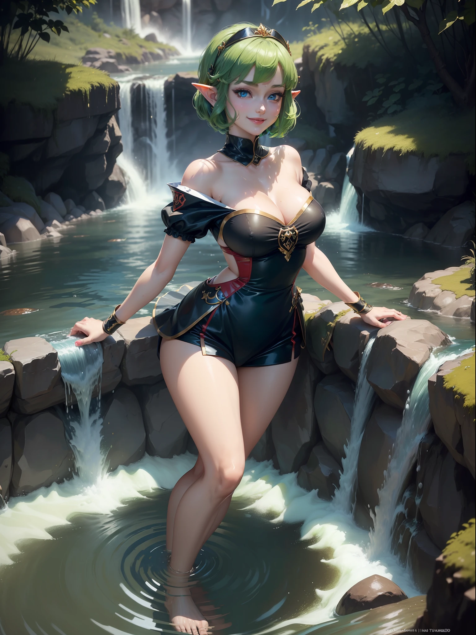 ((full-body photo, feet on the ground, front view)). Princess Zelda, {big breasts, red cheeks, red lipstick on her mouth, looking at the viewer}, {((black outfit with gold trim/maid's outfit with short shorts)}, she's bathing in a waterfall in an open area falling water, clothes and hair soaked. She has {((short green hair, blue eyes, looking at the viewer, smiling)}, anime, anime style, motion blur, 16k, high quality, super detail, textured skin, anatomically correct, masterpiece, masterpiece, masterpiece, UHD, ccurate