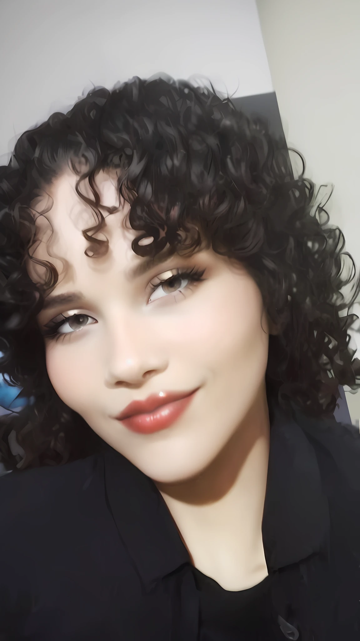 Create the same image, using the digital drawing style, with high quality, highlight the curls, golden makeup and red lips
