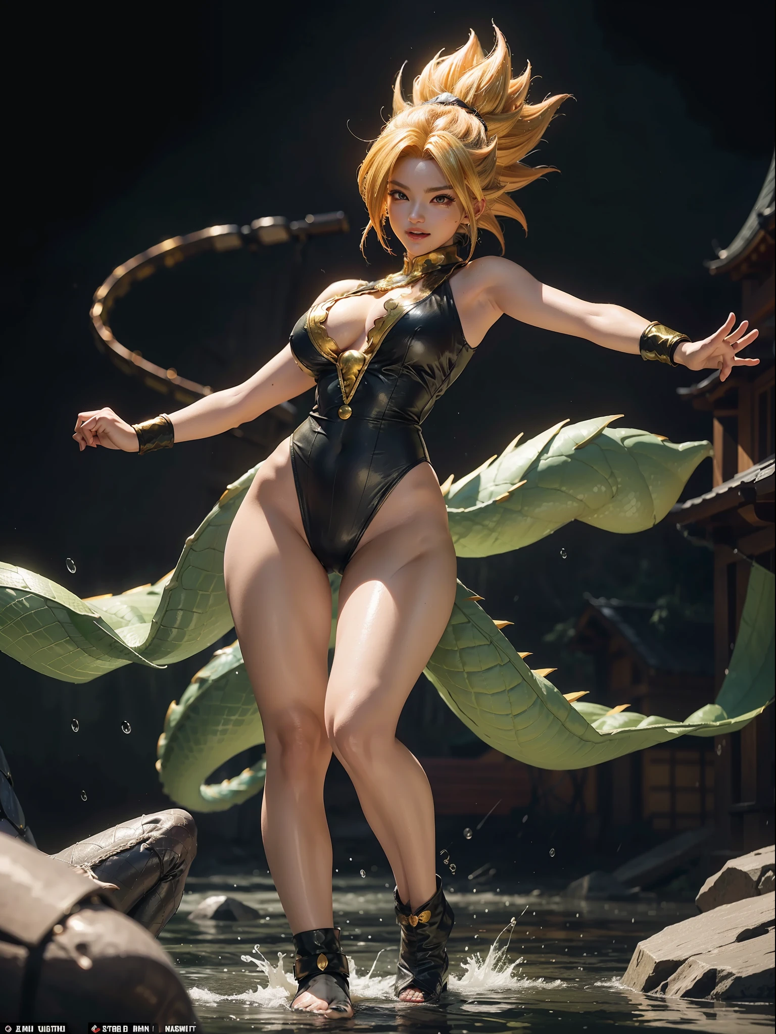 ((Full body photo, feet on the ground, straight body, Dragon Ball Anime)), ((Laura/woman, big breasts, extremely beautiful)), ((Super Saiyan Superior Instinct)) {transformed into Super Saiyan} wearing Son Goku child's costume/extremely tight on body, emanating golden magic aura circling furiously around the body. Background, completely destroyed city at night raining hard. Her outfit is soaked in water, she's staring at the viewer, smiling, fists clenched, concentrating magical aura, in a front-facing attack pose. Anime Dragon Ball, high detail, anime, 16k, UHD, retina, retina, ccurate, anatomically correct, textured skin, super detail, high quality, award winning