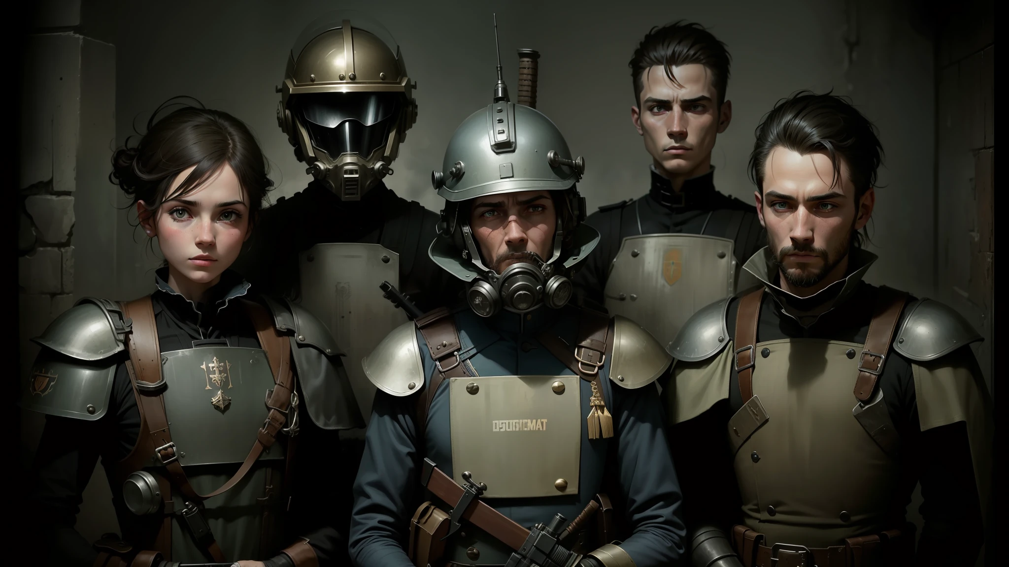 there are four soldiers with helmets and weapons in a row, high quality steampunk art, still from animated horror movie, by František Jakub Prokyš, andreas franke, catholicpunk, police uniform, cinematográfic, 1 8 0 0's, small people with torches, visually striking, late italian renaissance, desaturated blue, volumetric lighting matte --auto --s2
