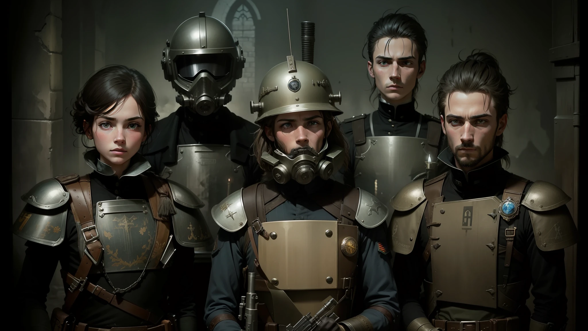 there are four soldiers with helmets and weapons in a row, high quality steampunk art, still from animated horror movie, by František Jakub Prokyš, andreas franke, catholicpunk, police uniform, cinematográfic, 1 8 0 0's, small people with torches, visually striking, late italian renaissance, desaturated blue, volumetric lighting matte --auto --s2