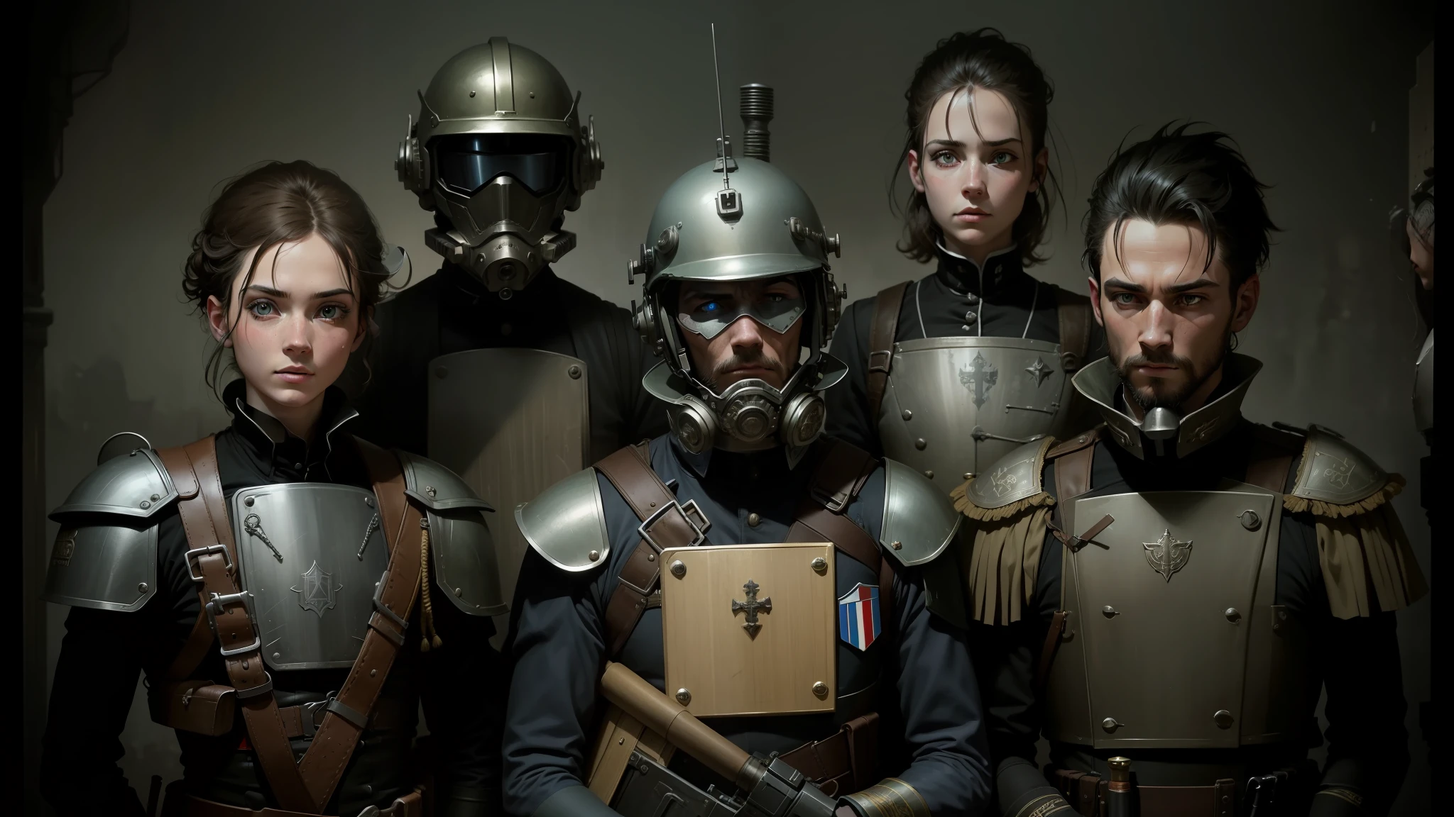 there are four soldiers with helmets and weapons in a row, high quality steampunk art, still from animated horror movie, by František Jakub Prokyš, andreas franke, catholicpunk, police uniform, cinematográfic, 1 8 0 0's, small people with torches, visually striking, late italian renaissance, desaturated blue, volumetric lighting matte --auto --s2