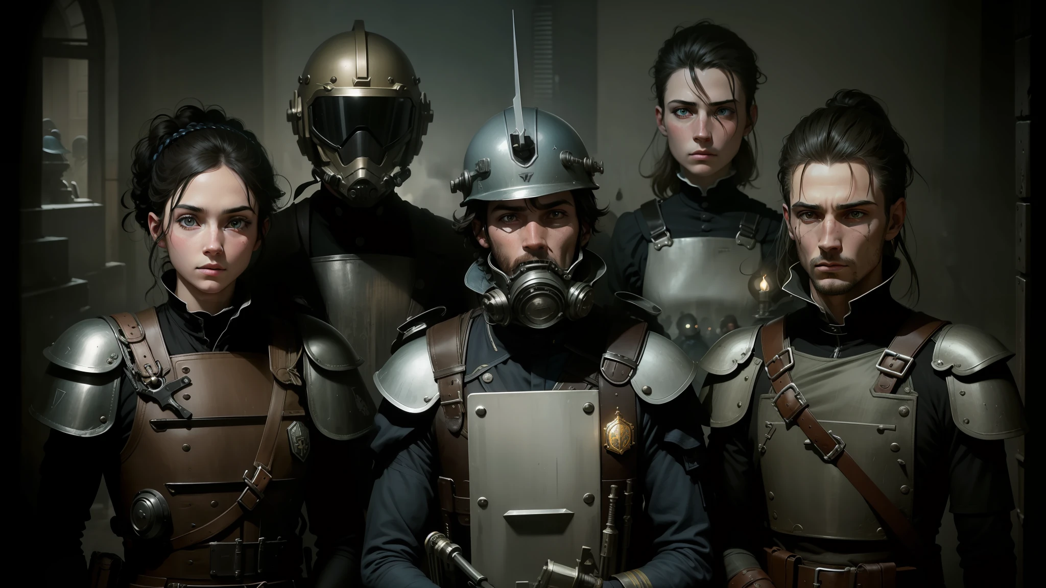 there are four soldiers with helmets and weapons in a row, high quality steampunk art, still from animated horror movie, by František Jakub Prokyš, andreas franke, catholicpunk, police uniform, cinematográfic, 1 8 0 0's, small people with torches, visually striking, late italian renaissance, desaturated blue, volumetric lighting matte --auto --s2