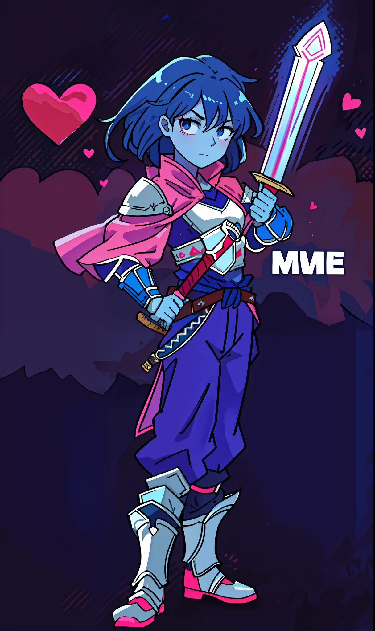 dark blue hair, blue skin, pink cloth, sword, armor, expressionless, heart, hd, highres