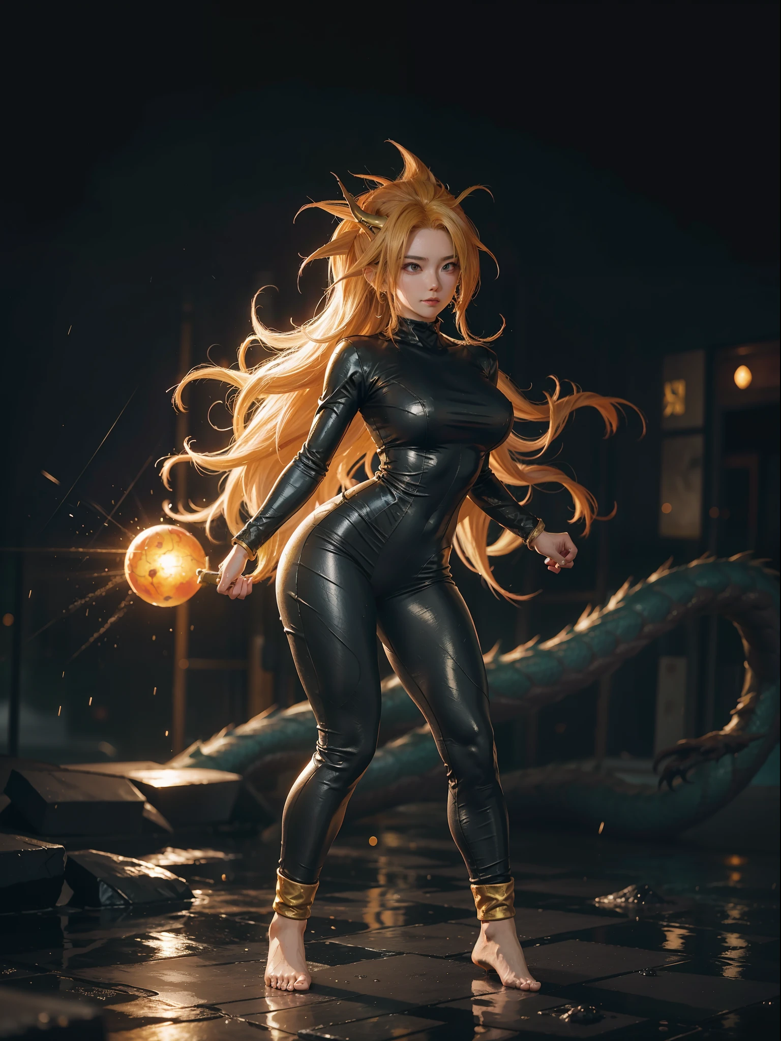 ((Full body photo, feet on the ground, straight body, Dragon Ball Anime)), ((Laura/woman, big breasts, extremely beautiful)), ((Super Saiyan Superior Instinct)) {transformed into Super Saiyan} wearing Son Goku child's costume/extremely tight on body, emanating golden magic aura circling furiously around the body. Background, completely destroyed city at night raining hard. Her outfit is soaked in water, she's staring at the viewer, smiling, fists clenched, concentrating magical aura, in a front-facing attack pose. Anime Dragon Ball, high detail, anime, 16k, UHD, retina, retina, ccurate, anatomically correct, textured skin, super detail, high quality, award winning