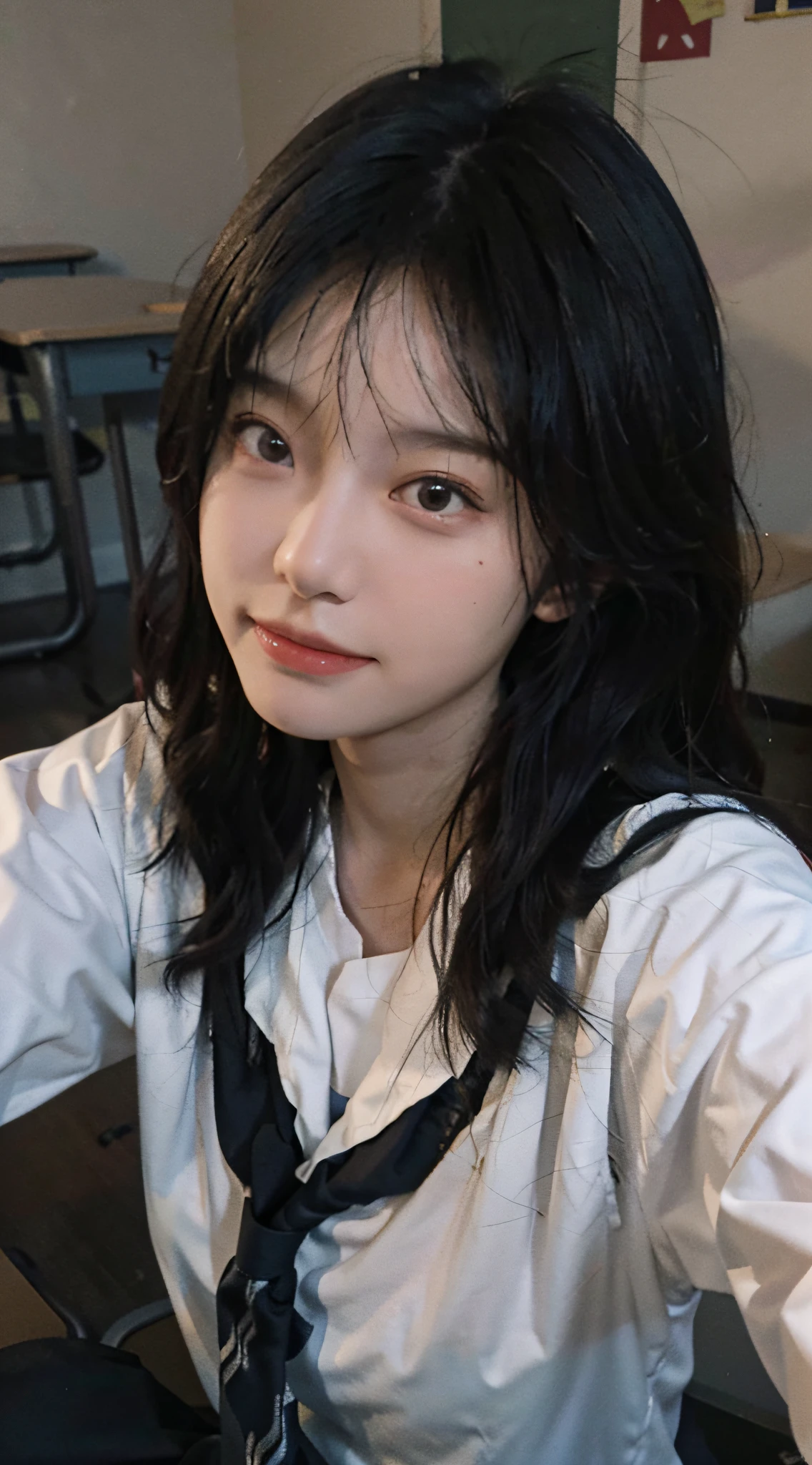 Tips: 8K, Best Quality, Masterpiece, Ultra High Resolution, (Realistic: 1.4), Original Photo, (Realistic Skin Texture: 1.3), (Film Grain: 1.3), (Selfie Angle), 1 Girl, (Beautiful Detailed Eyes and Face 1.3), Masterpiece, Best Quality, Close Up, Upper Body, (Black: 1.5), School Uniform, Student Wear, Sailor Uniform, School, Classroom,.