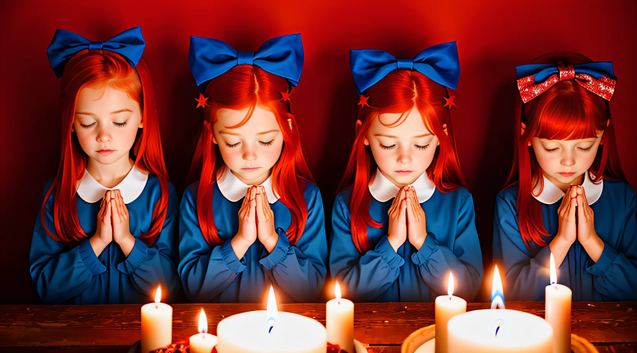 girl children REDHEADS WITH STRAIGHT HAIR ON HEAD BLUE COLOR BOWS, PRAYING, RED BACKGROUND, CANDLES WITH FIRE.