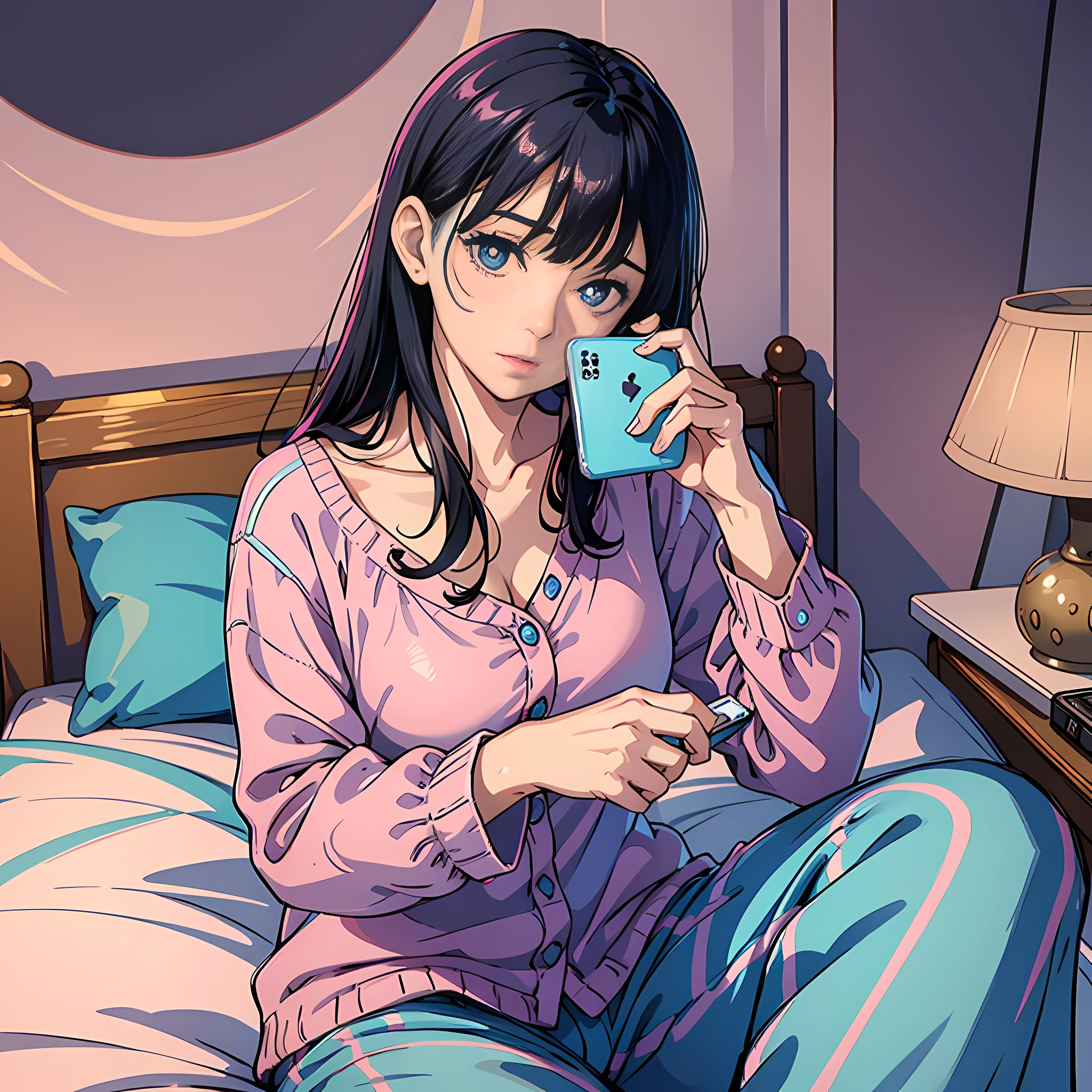 1 woman, delicate face, black hair, blue pupils, pink pajamas, sitting on bed, holding a mobile phone, facing the camera, thinking, surreal